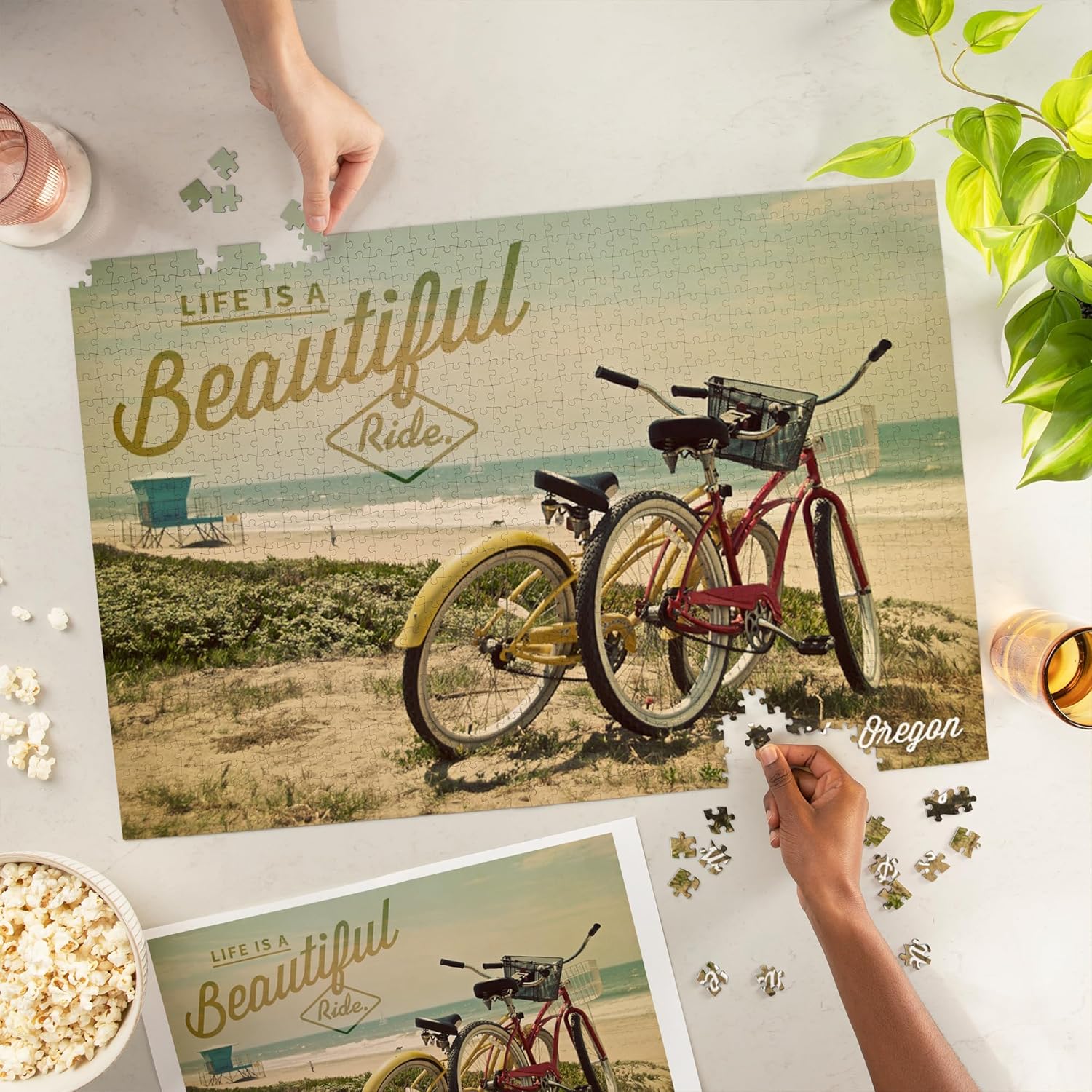 Lantern Press Seaside, Oregon, Life is a Beautiful Ride, Bicycles and Beach Scene, Photograph 1000 Piece Jigsaw Puzzle for Adults, Made in USA with Reference Poster