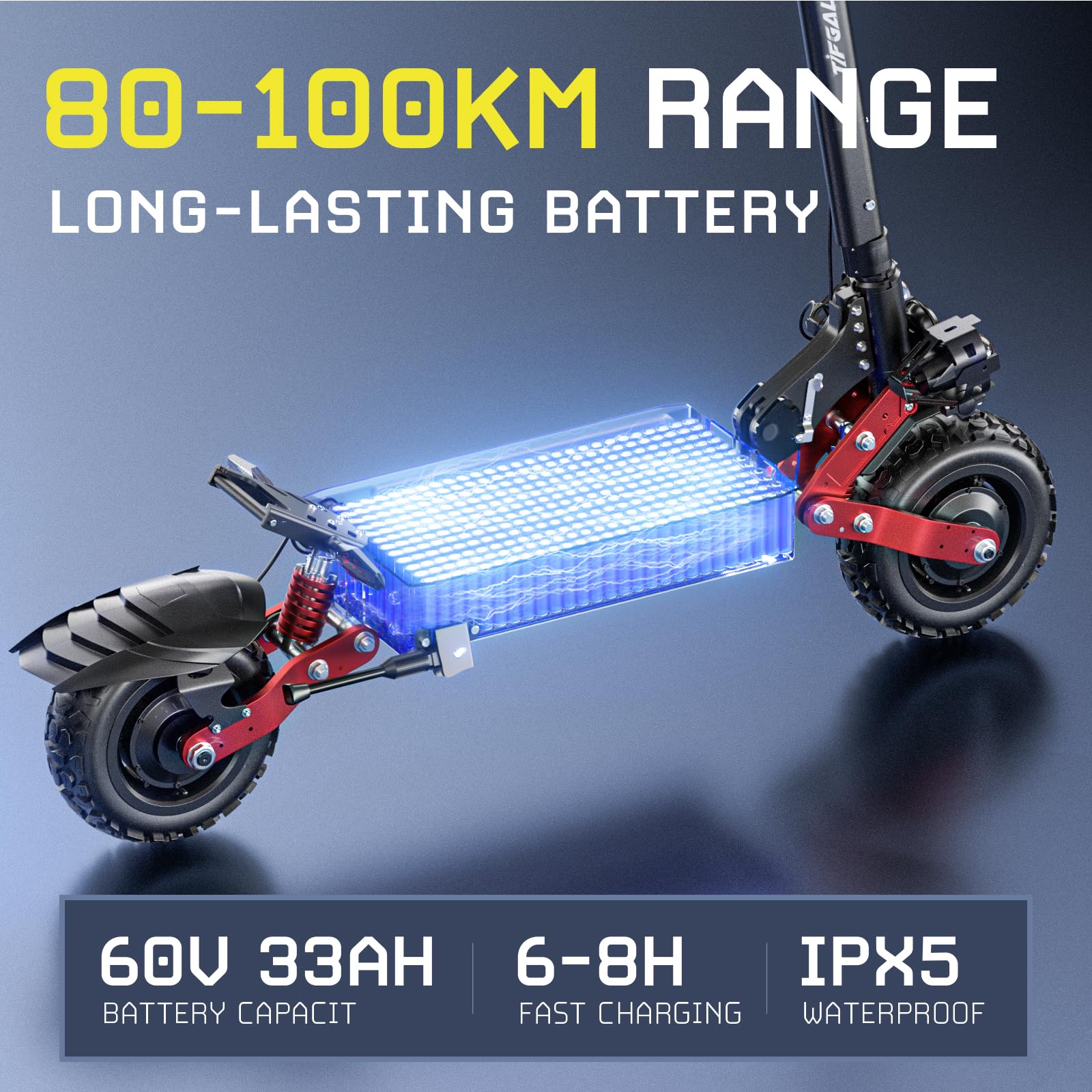 La trottinette électrique CL8 est équipée de deux moteurs, d'une batterie 60 V 33 Ah, de deux amortisseurs, de pneus tout-terrain de 11 pouces et est pliable. Son autonomie est de 80 à 100 kilomètres.