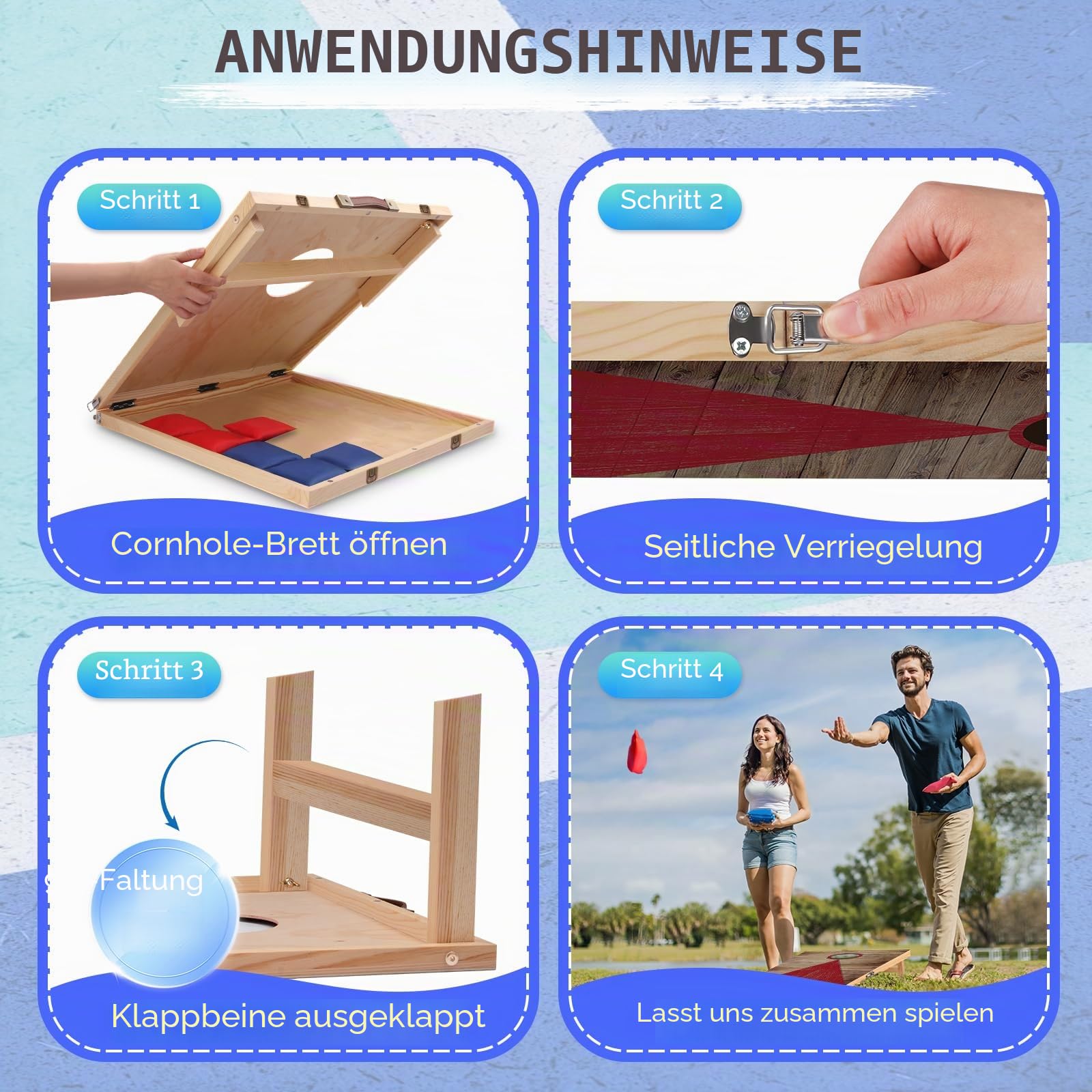 NZQXJXZ Cornhole Spiel Outdoor, 60 x 40 cm Massivholz Premium Corn Hole Boards mit 6 Cornhole Säckchen und Einer Tragetasche, Tragbar Cornhole Toss Set für Familie und Erwachsene