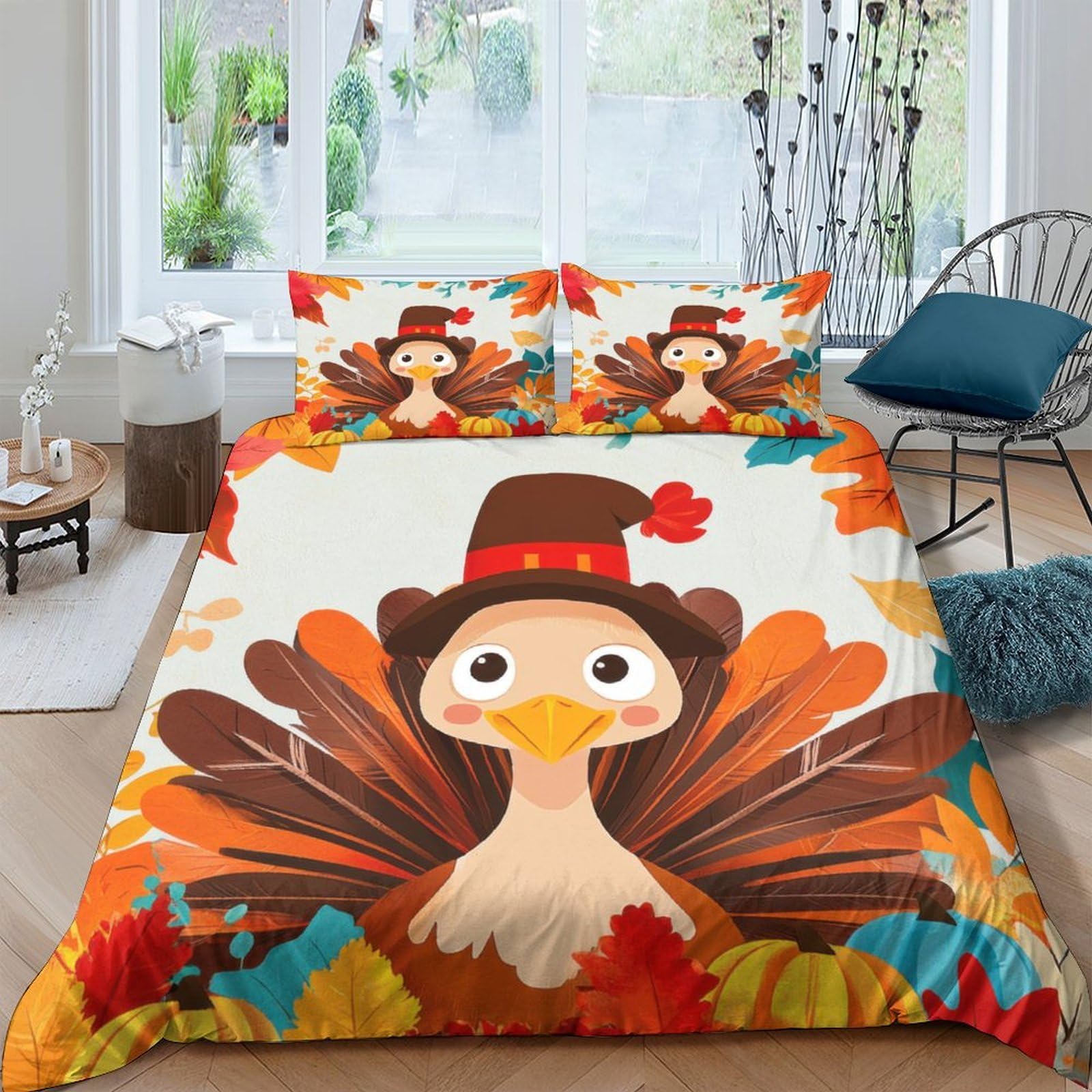Ctjqhvkz Style-3 3D Printed Thanksgiving Turkey Fitted Sheet Microfiber Autumn Leaves Bed Cover For Bedroom Dorm Mattress Protection Decor Single（135X200cm）