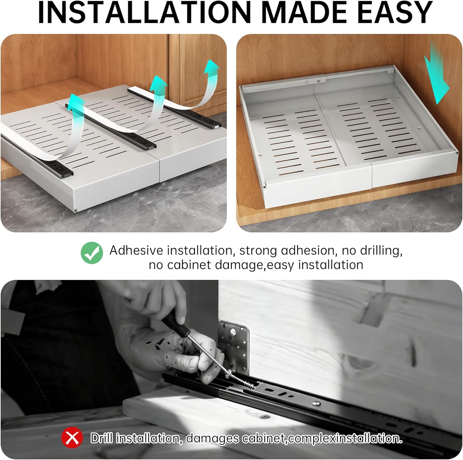 Pull out Cabinet Organizer, 1 pack, 16.5" Deep Heavy Slide out Drawers, Upgrade Three Triple-Slide Rail Systems, Expandable 12.8"-20.8" Roll out Shelf Storage for Kitchen Base Cabinet Organization