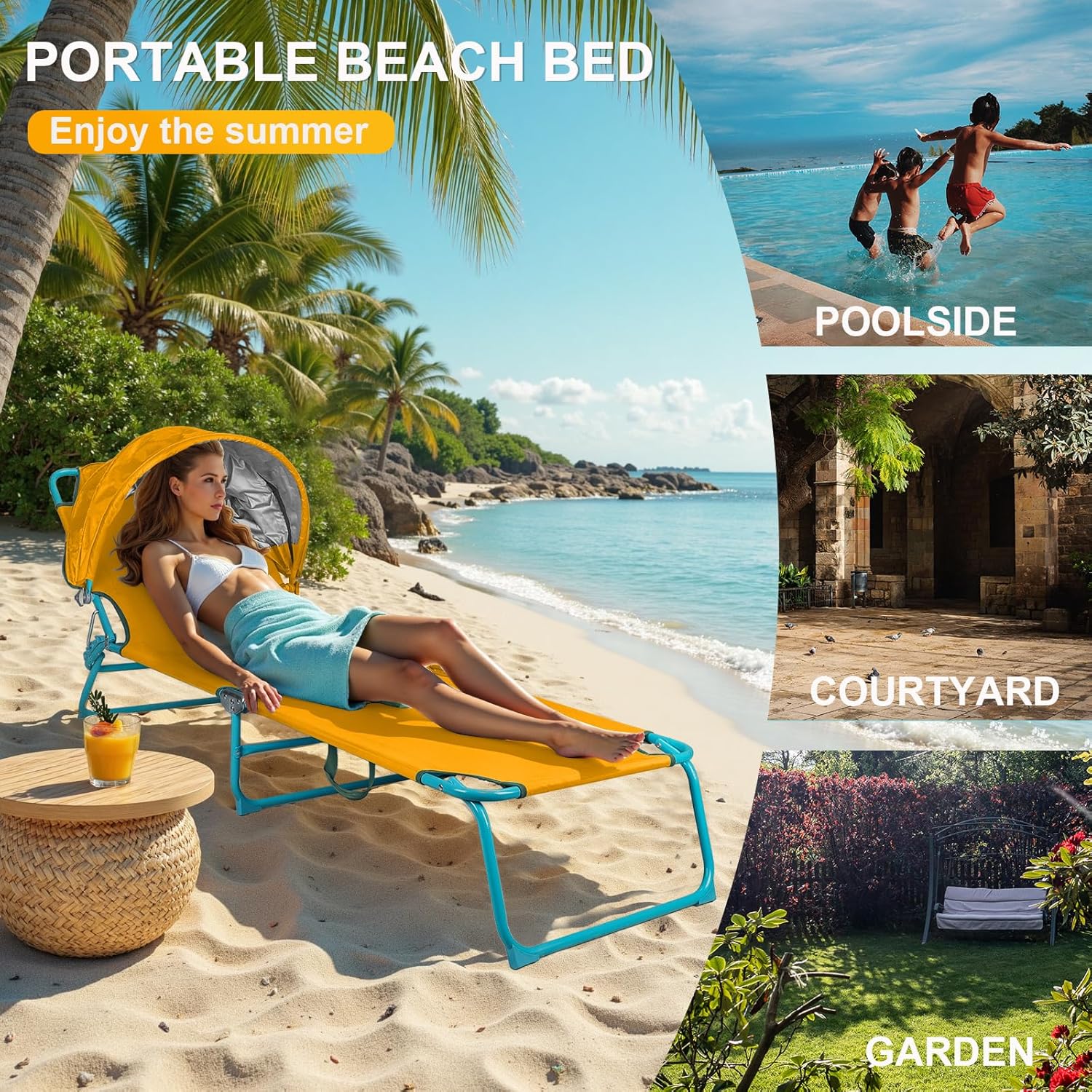 Colorsoul 2 Pack Tanning Chair with Sun Canopy,Adjustable 4-Position Beach Lounge Chair for Adults,Heavy Duty Folding Outdoor Lounge Chair,for Patio Poolside Sunbathing,UPF 50+,300 LBS,Yellow