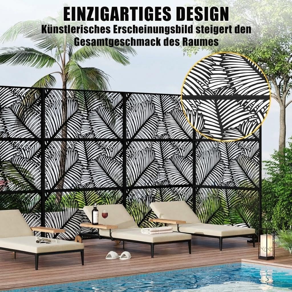 Metall Sichtschutz freistehend 188x120cm, Palmblatt Design, Stahl Trennwand | Raumteiler; Standfuß; wetterfest; dekorativ; Outdoor & Indoor; Laserschnitt; stabil; UV-beständig; Balkon; Terrasse