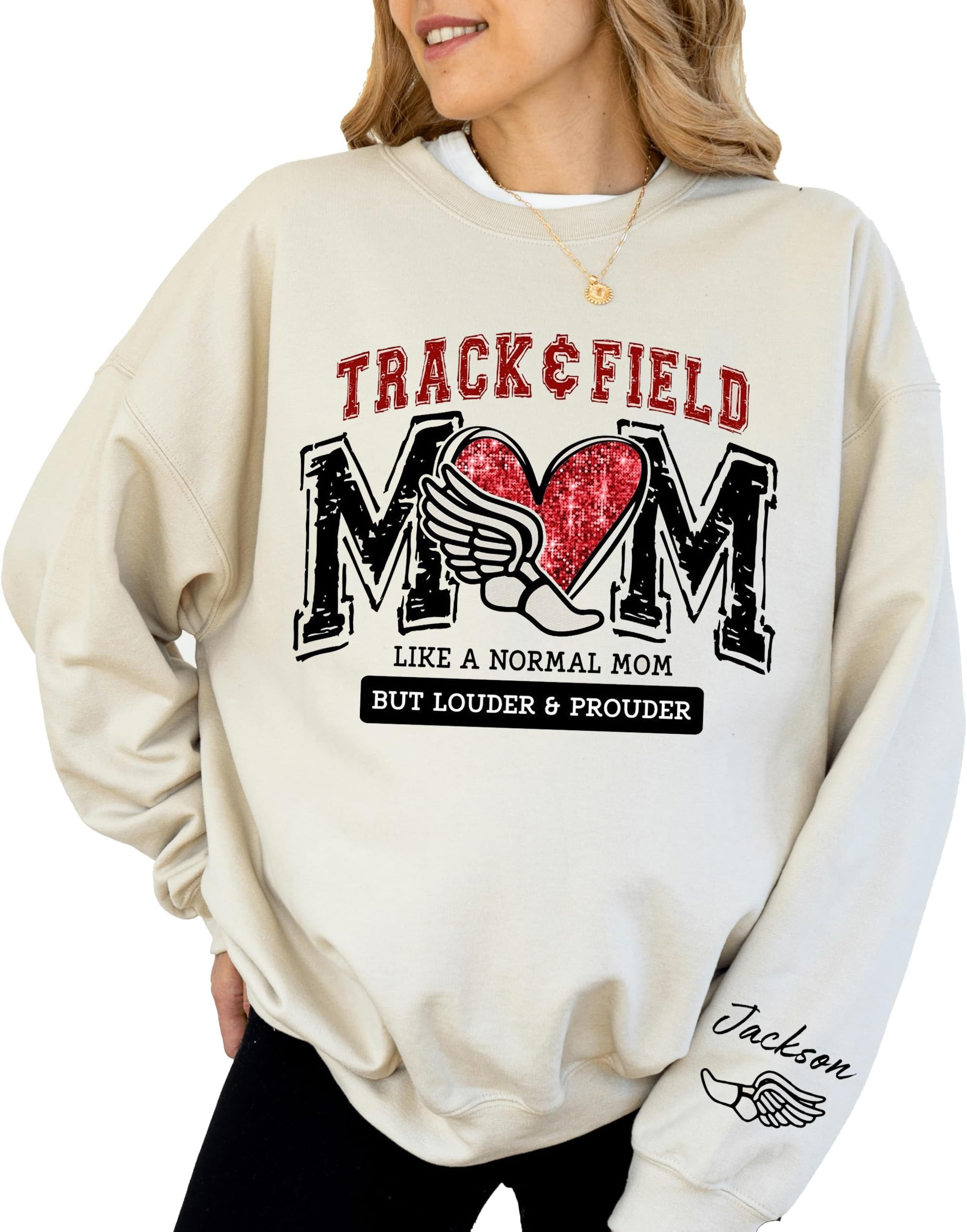 Julyly POD Personalized Track Mom Sweatshirt with Kids Names on Sleeve, Track and Field Mom Shirt, Runner Mom Shirt, Track Mama Shirt, Runner Mama Tee