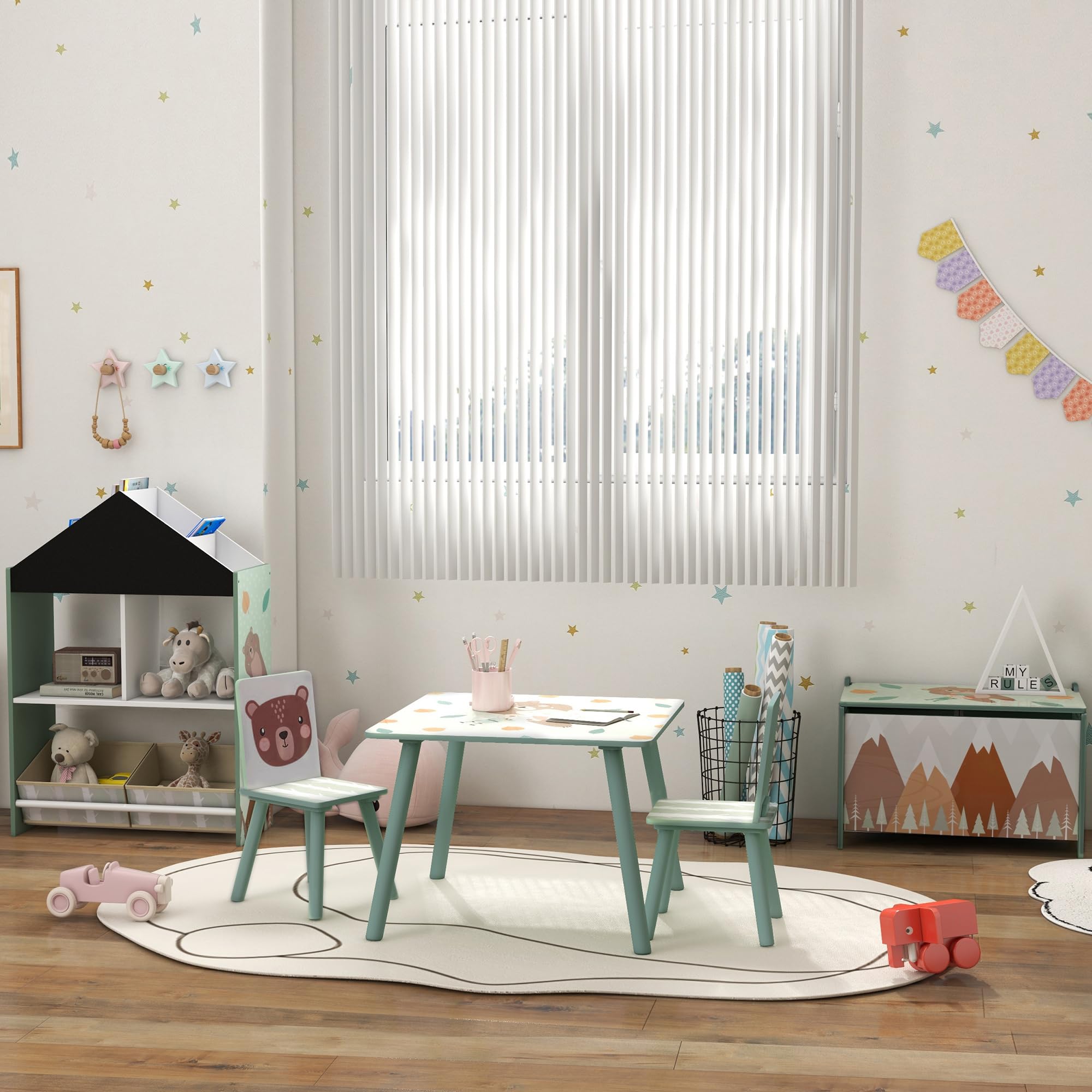 ZONEKIZ Baule Portagiochi Panca Contenitore per Bambini, Cassapanca in Legno MDF con Coperchio e Cerniera di Sicurezza, 60x37x39cm, Verde