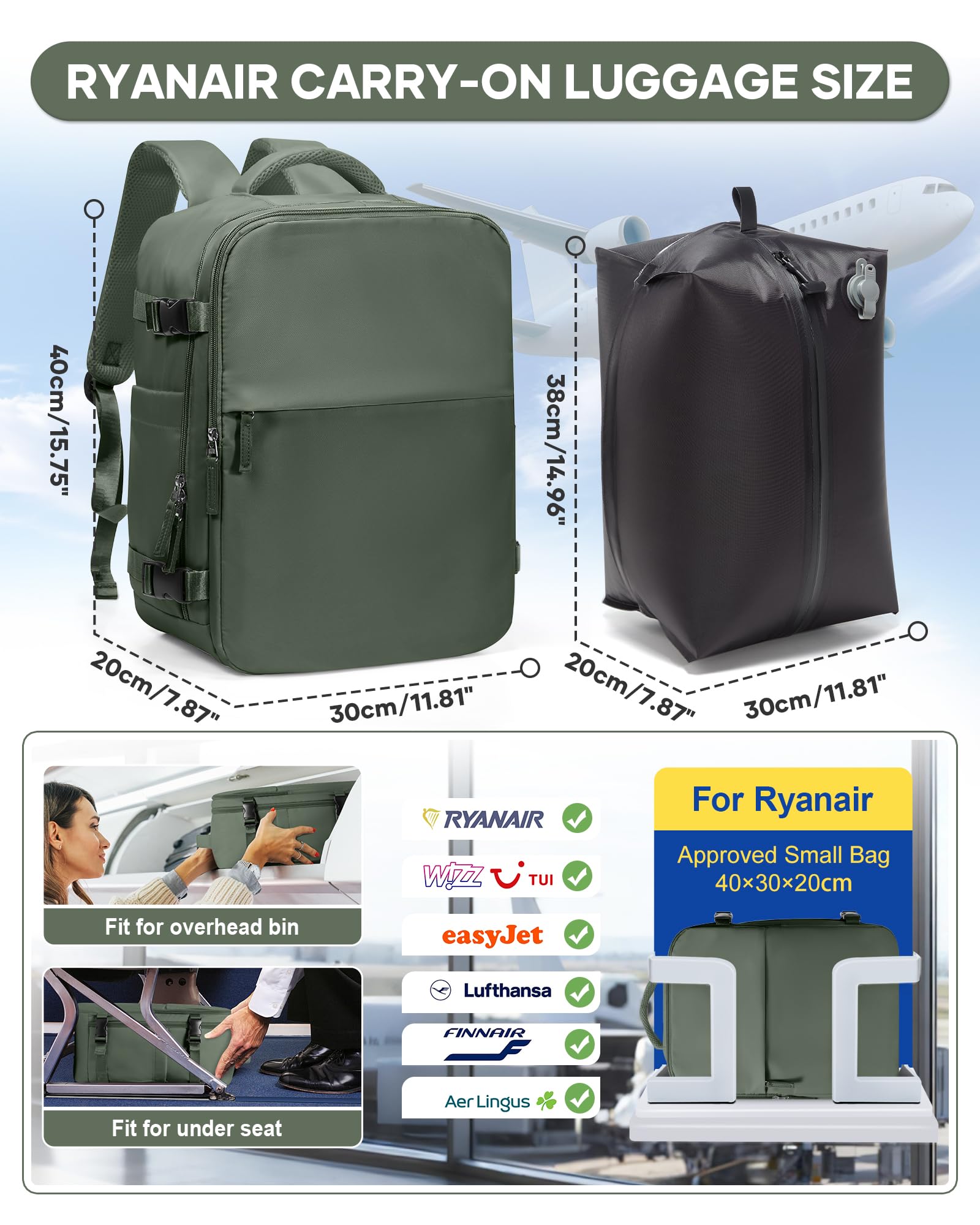 BJLFS Zaino da Viaggio con Sottovuoto Ryanair 40x30x20 Wizzair Bagaglio a mano 40x20x25 Ryanair con Pompa Borse da Cabina per Easyjet 45x36x20 con compressione sottovuoto,Zaino Casual per Laptop