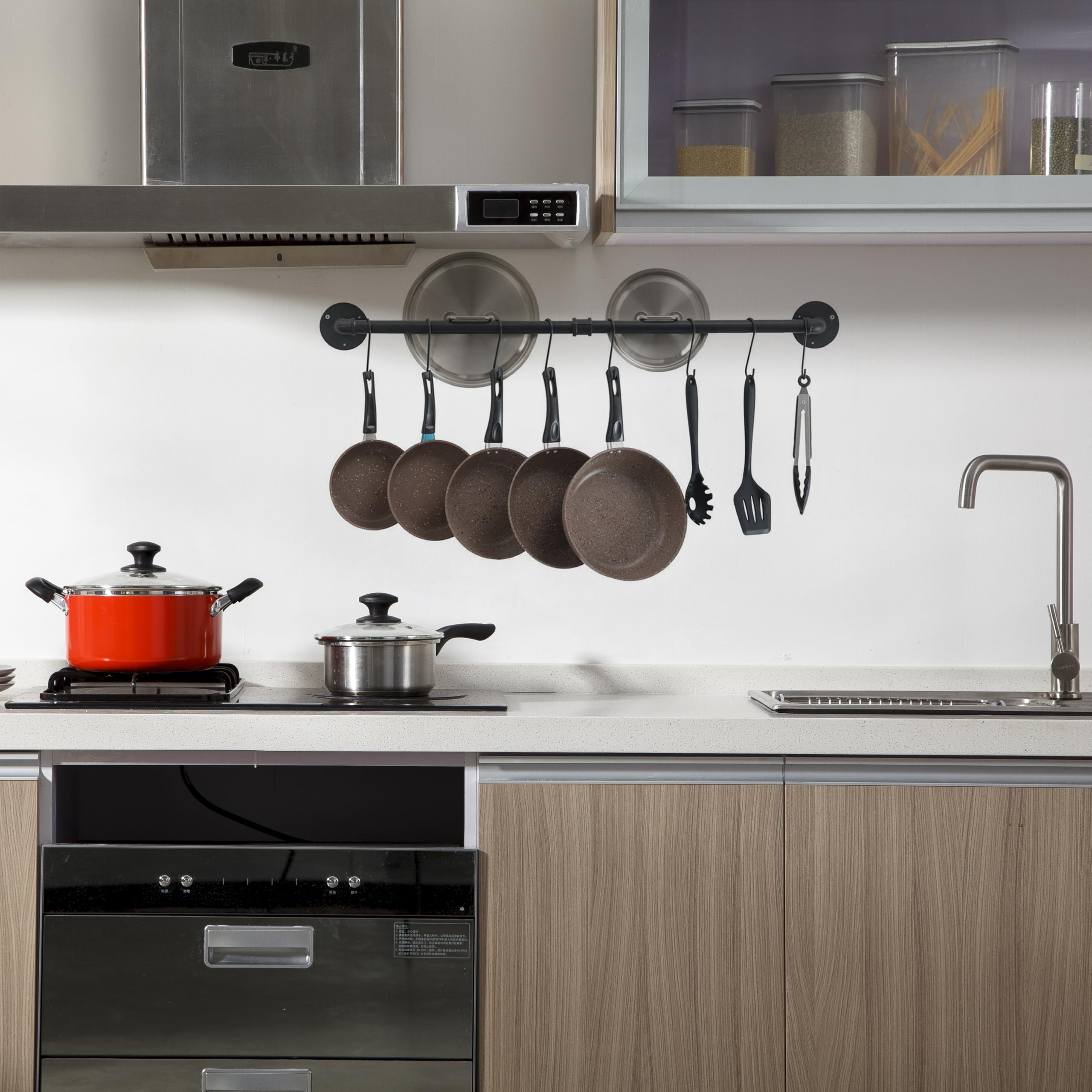 Estante de pared de 31 pulgadas, para utensilios industriales, colgador de pared, tubo de hierro, riel colgante de cocina con 8 ganchos en S para colgar sartenes, utensilios, utensilios de