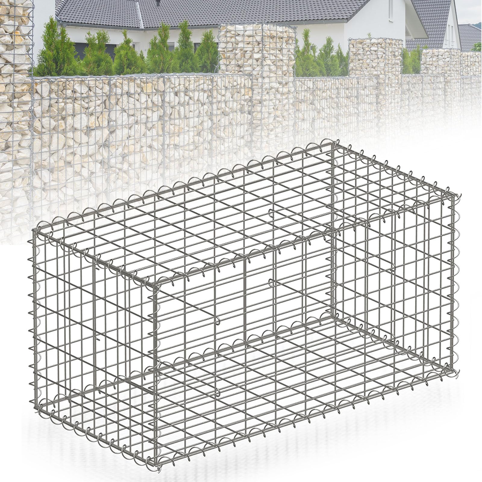 Floordirekt Gabione, Steinkorb aus Metall, verzinkter Drahtkorb mit Maschenweite 5 x 10 cm, Steinmauer als Gartenzaun, Gabionengitter als Sichtschutz, Lenox