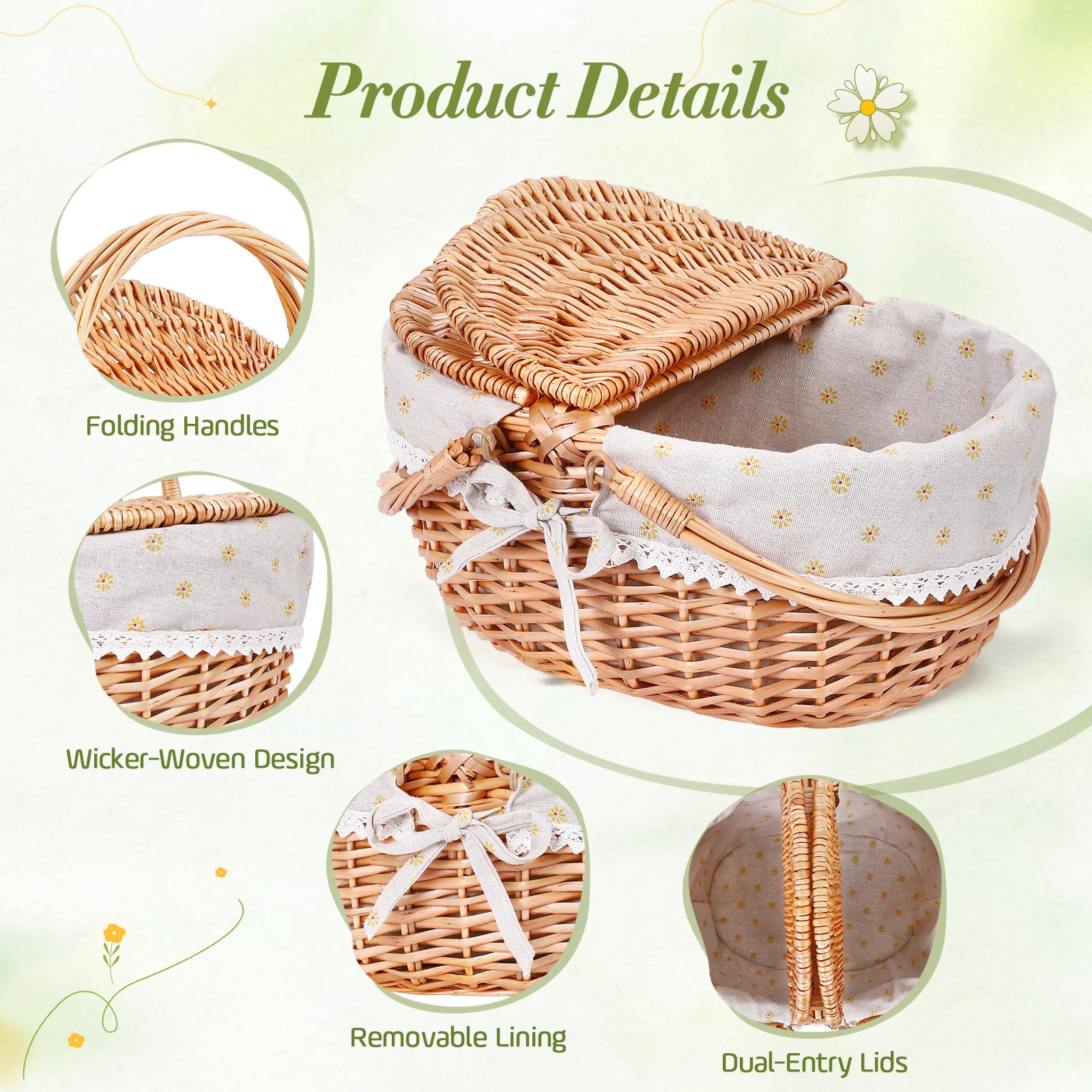 Wicker Picnic Basket Cesto Picnic in Vimini Fatto a Mano, Grande Cesto Portaoggetti con Doppio Coperchio Ribaltabile & Manico Pieghevole per Picnic all’Aperto, Spiaggia,Deposito Hiking, BBQ