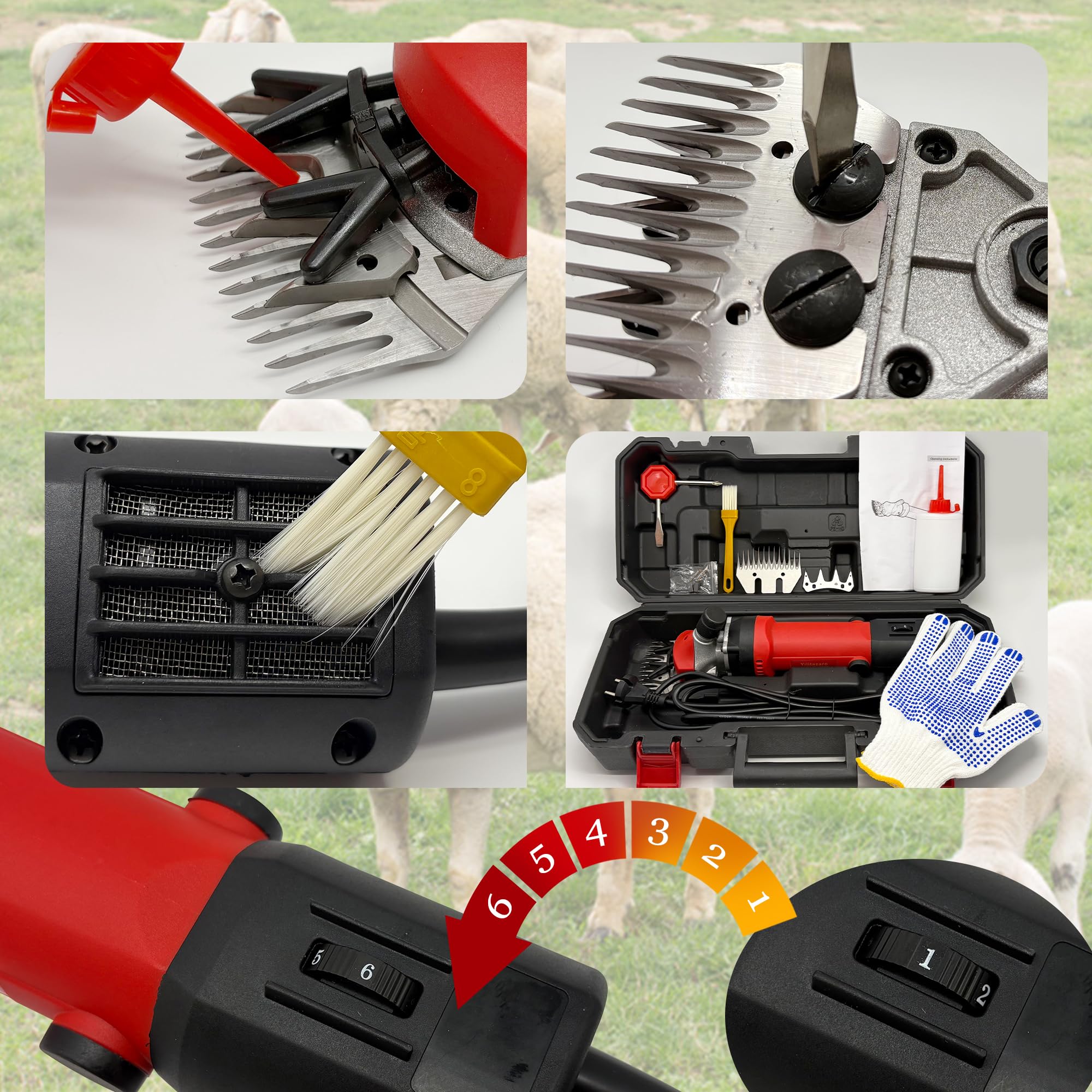 Maquina Esquilar Ovejas 1000W, Tijeras EléCtricas Profesionales Para Ovejas Con Estuche Cortapelos Para Caballos Con 6 Velocidades Regulables Cabras Caballos, Guantes Antideslizantes