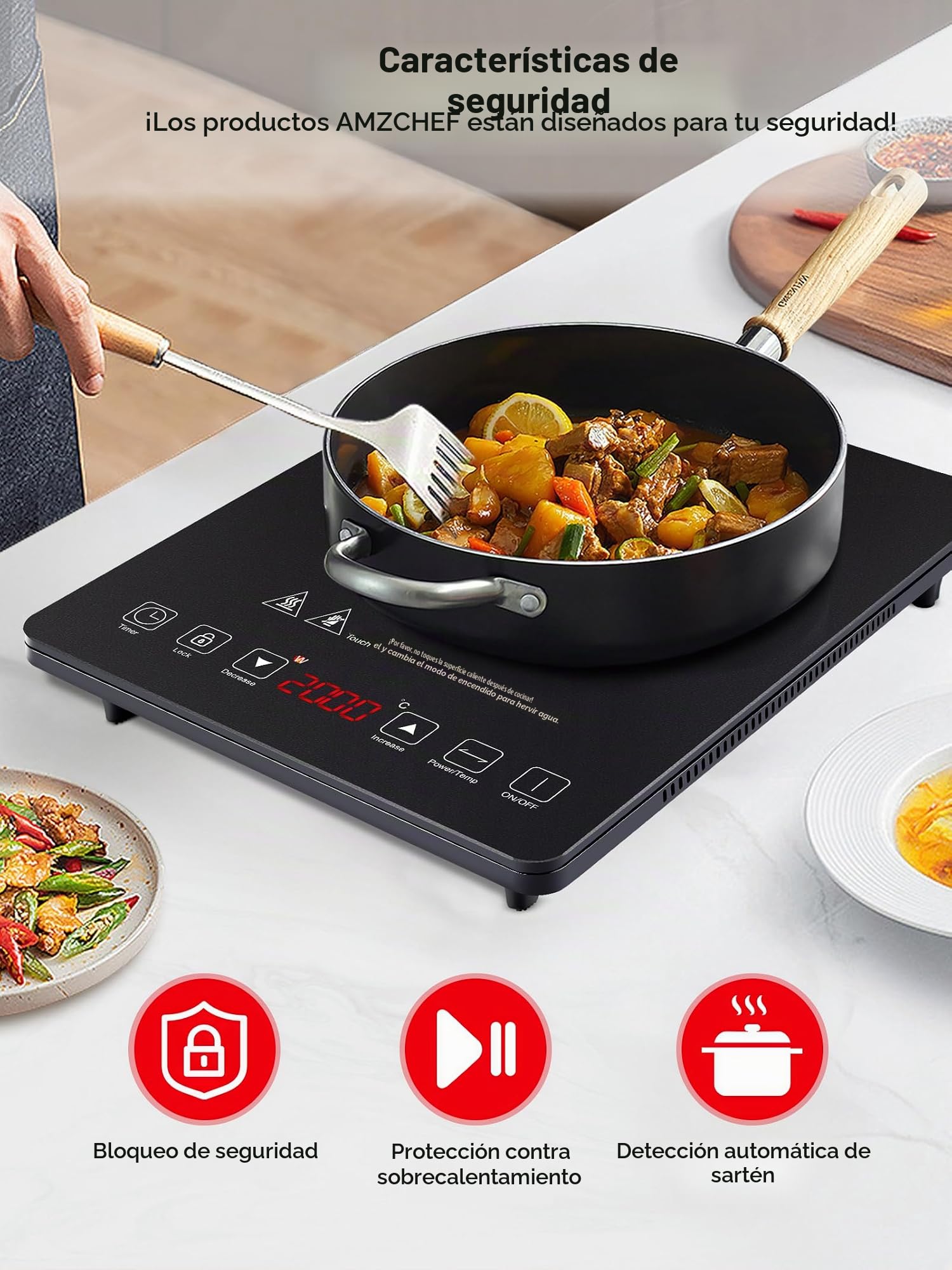 Placa Inducción Portatil AMZCHEF, placa de inducción de 2000 W con cuerpo delgado, 20 niveles de potencia, 20 configuraciones de temperatura, temporizador de 3 horas, negro