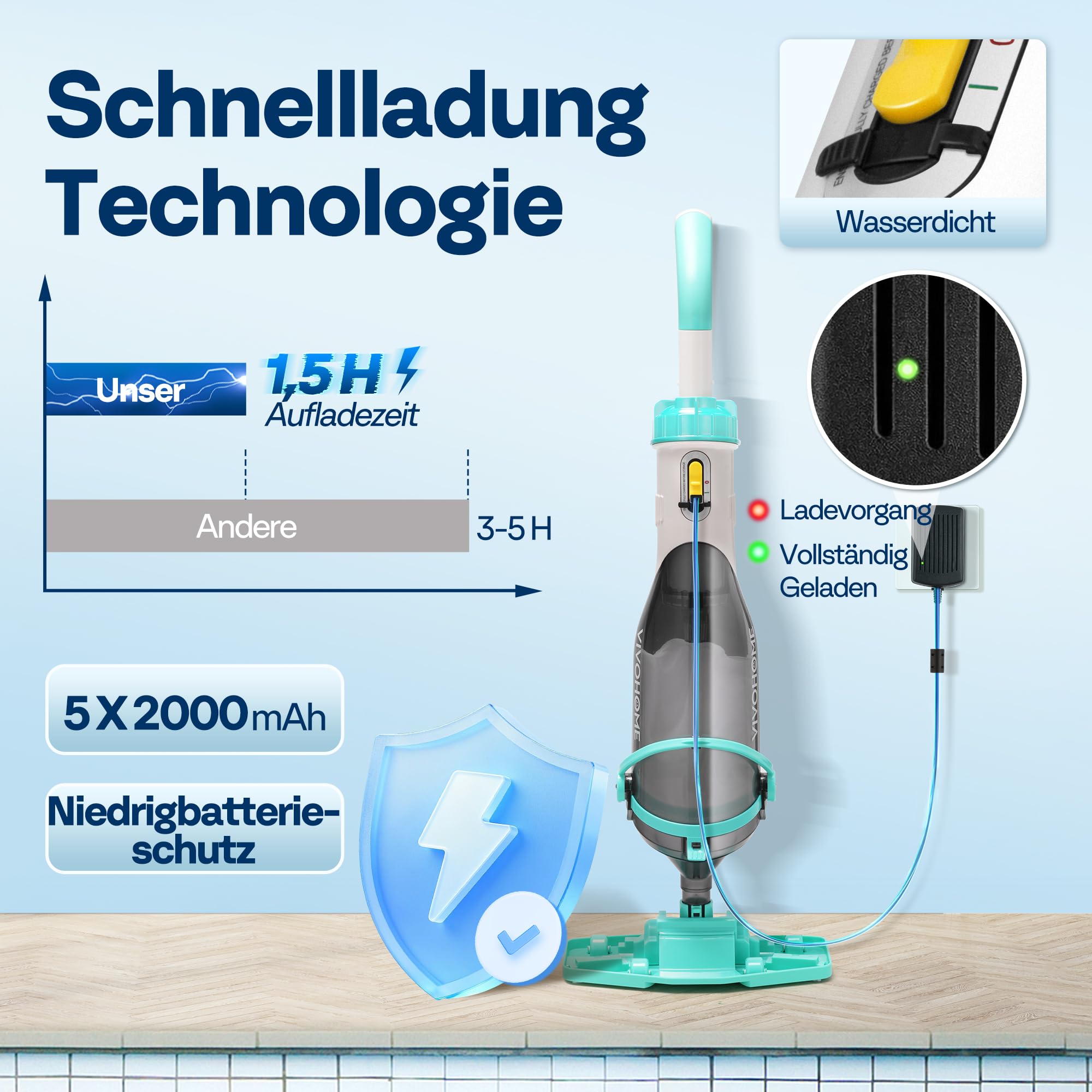 VIVOHOME 213cm Kabelloser Poolsauger Absaugung bis zu 70LPM tragbar Poolreiniger mit 4 Filterbeutel für Pool Whirlpools Schwimmbad und Spa
