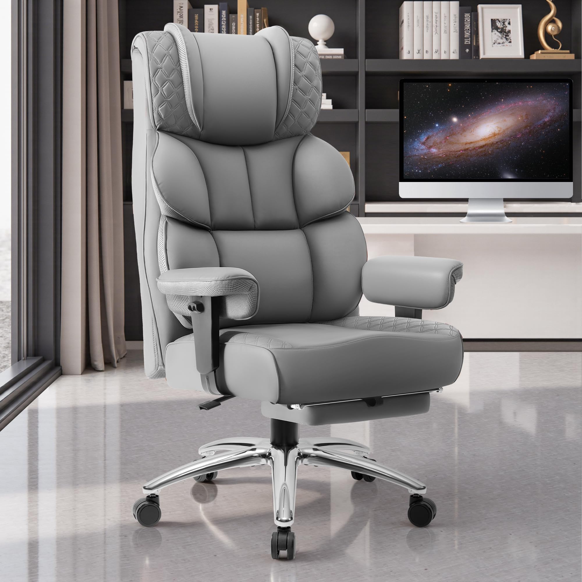 BestGlory Office Desk Chair, Big and Tall Leather Gaming Chair with Footrest, Wide Ergonomic Comfy Executive High-Back Reclining Computer Chairs,