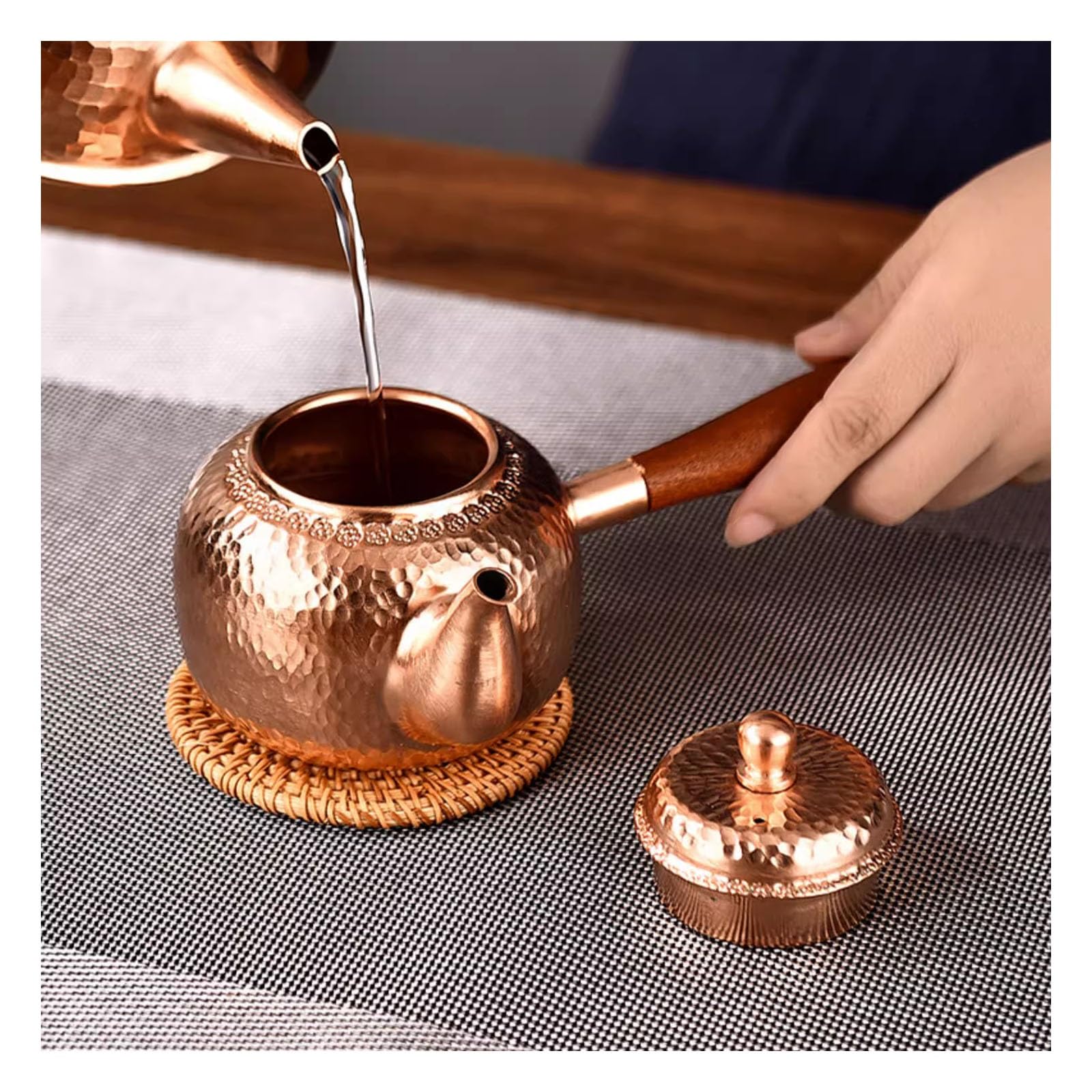Tetera de cobre hecha a mano, hervidor vintage con mango largo, cafetera batida para camping, picnic, hotel, senderismo, perfecta para té, leche o café