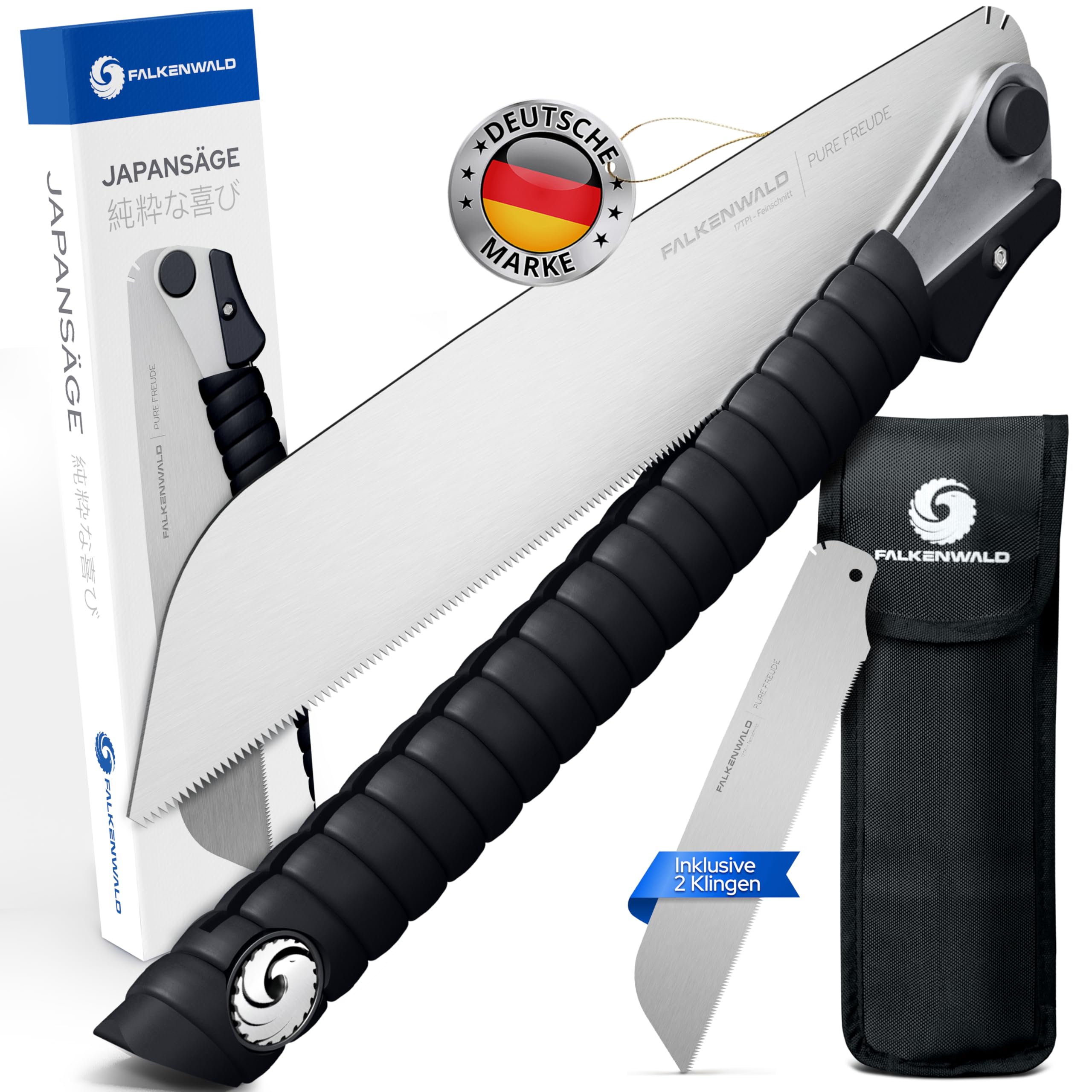 Falkenwald Japansäge klappbar - Holzsäge + 2x Sägeblatt 7TPI, 17TPI + Tasche - Ideal für die Bearbeitung von Holz - Handsäge für Querschnitt und Längsschnitt - Holzbearbeitungswerkzeuge