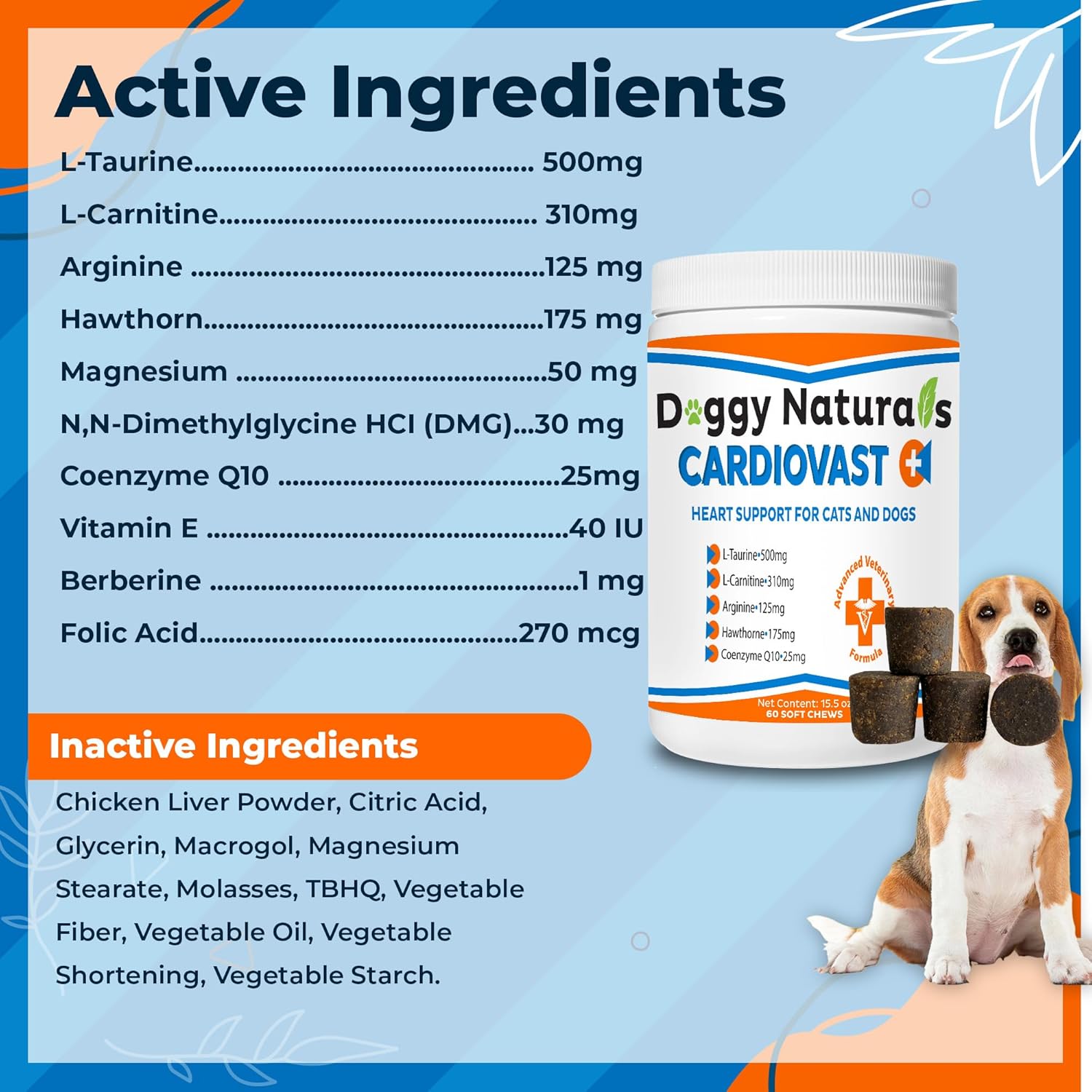 CardioVast Cardio Support and Cardio Strength Supplement for Dog and Cats, L-Taurine, L-Carnitine, Hawthorn, L Arginine, Coenzyme Q10-Supports Cardiovascular Heart Health - Made in USA - 60 Soft Chew