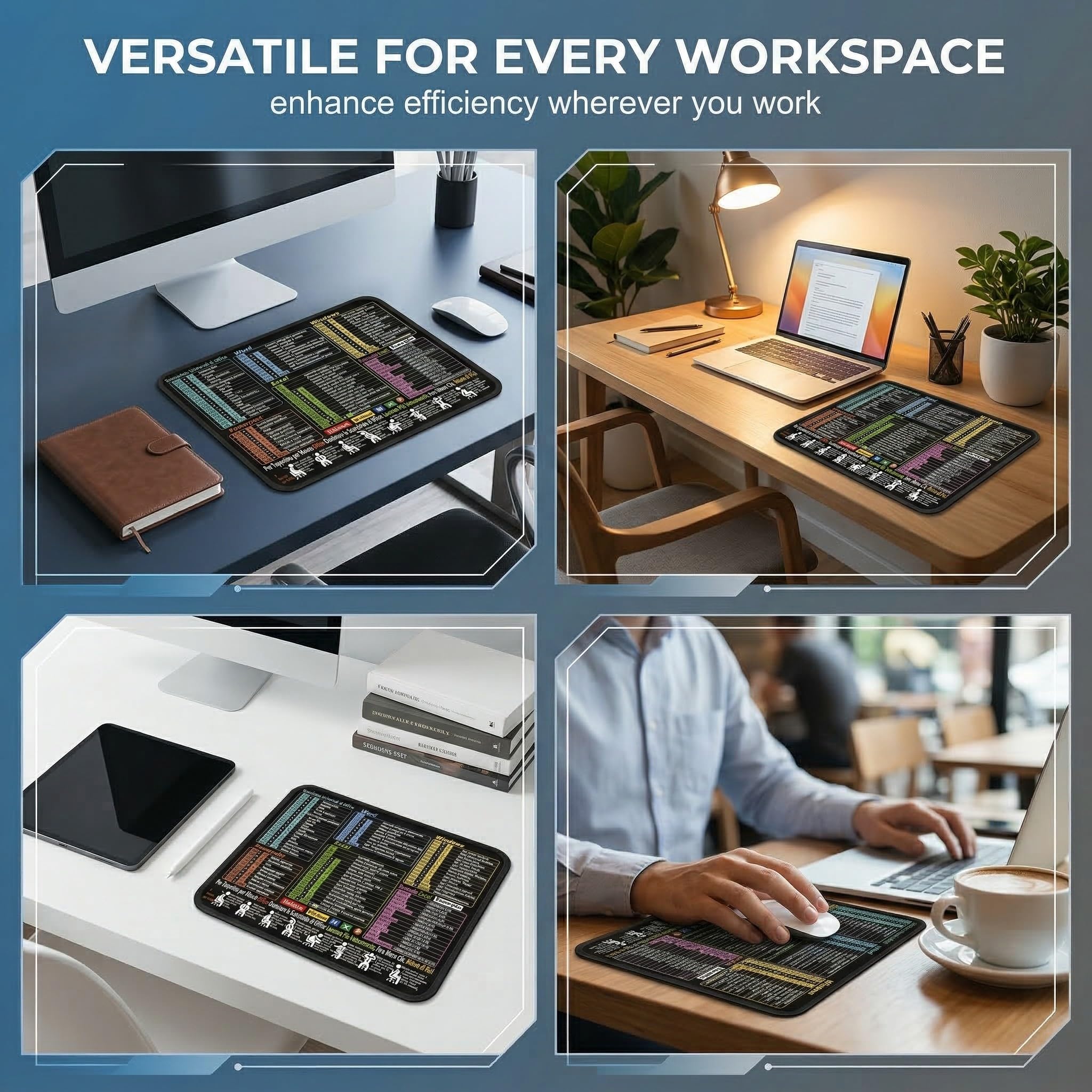 1 Tappetino Mouse con Tasti di Scorciatoia in Italiano (Excel, Word, PPT, Windows), 300x250mm, Tappetino per PC Antiscivolo, per un Posto di Lavoro Efficace