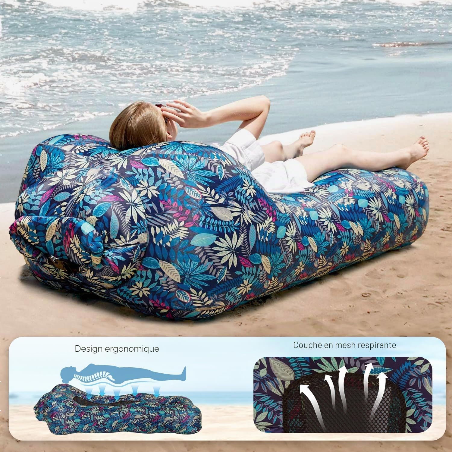 Hamac Gonflable avec Sac, Portable Canapé Gonflable Eau et Terre, Air Sofa Pouf Gonflable Exterieur pour Jardin Camping Plage Voyager, Bleu Tropical