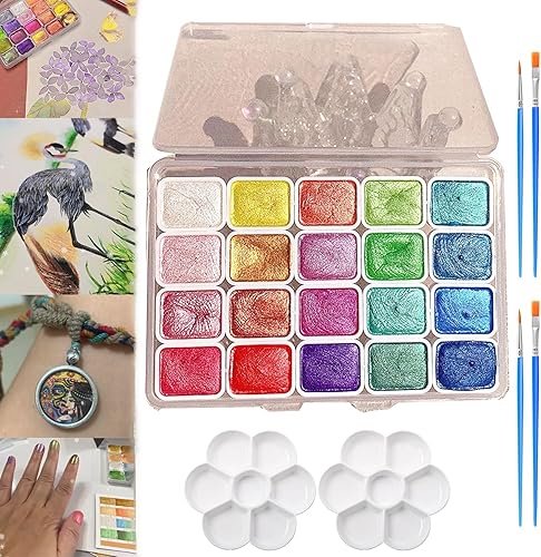 Juego de pintura de acuarela de 20 colores, juego de pintura de acuarela metálica, pintura de acuarela nacarada, pintura de acuarela con purpurina,