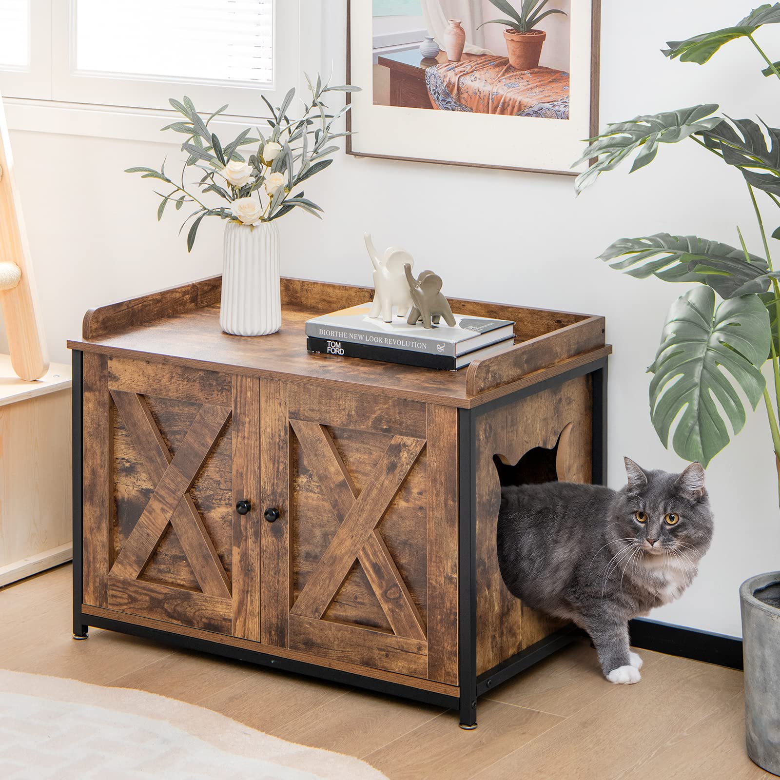 COSTWAY Katzenschrank Katzentoilette, Katzenhaus mit 2 Türen & Eingang, Katzenhöhle Katzenklo Schrank, für Katzen Hunde Haustier, Haustierbox Haustierkiste, Beistelltisch Katzenmöbel, Vintage Braun
