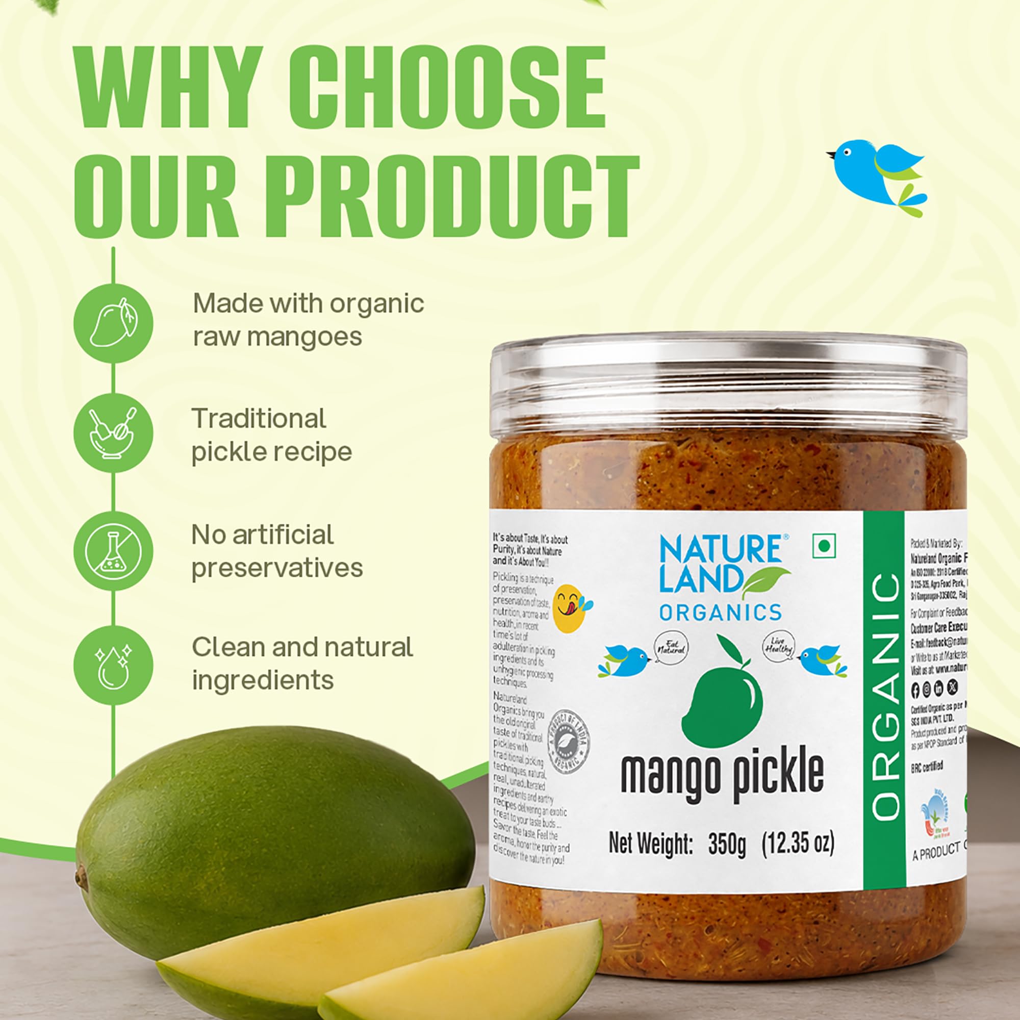 Natureland Organics Mango Pickle 350 Gm - Organic Healthy Pickles (packaging may vary) 1