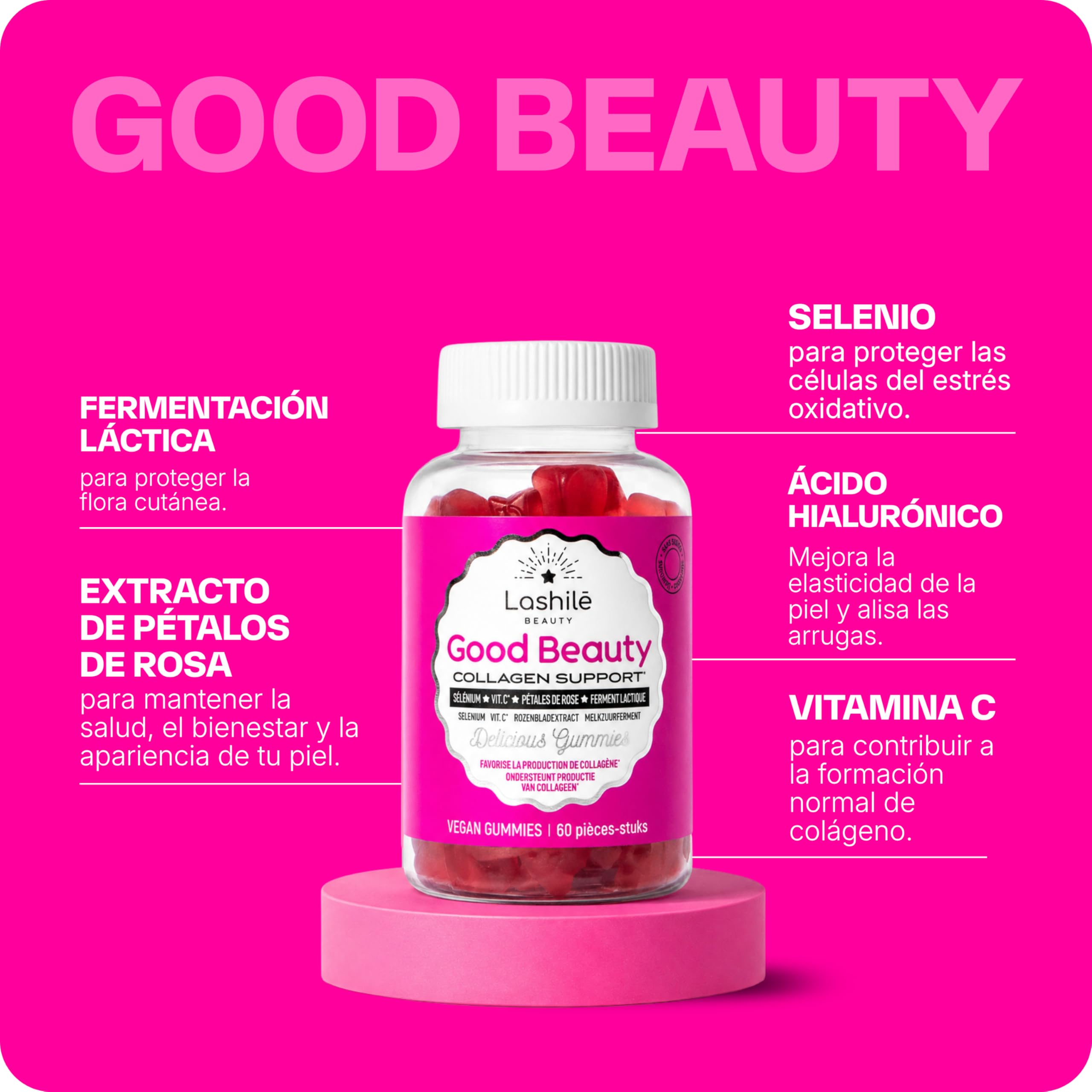 Lashilé Beauty - Complementos Alimenticios - Potenciador de colágeno - Good Beauty - Selenio, Vitamina C, Fermento láctico, Ácido hialurónico - 60 Gummies