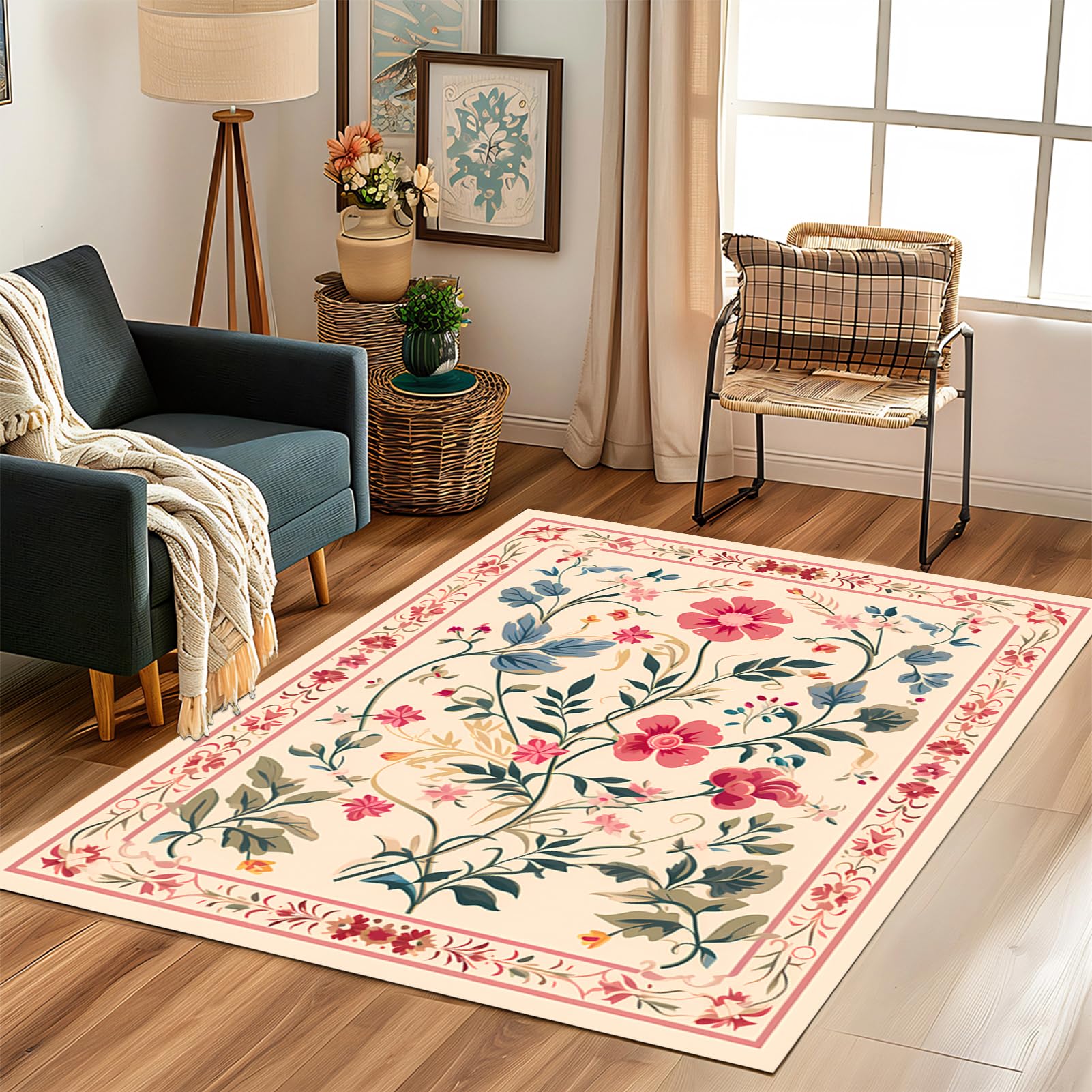 EsmeeSis Living Room Rug, 5x7 Beige Rugs for Bedroom, Floral Print Washable Non-Slip Backing Area Rugs, Soft Carpet for Kids Nursery Room, Office,