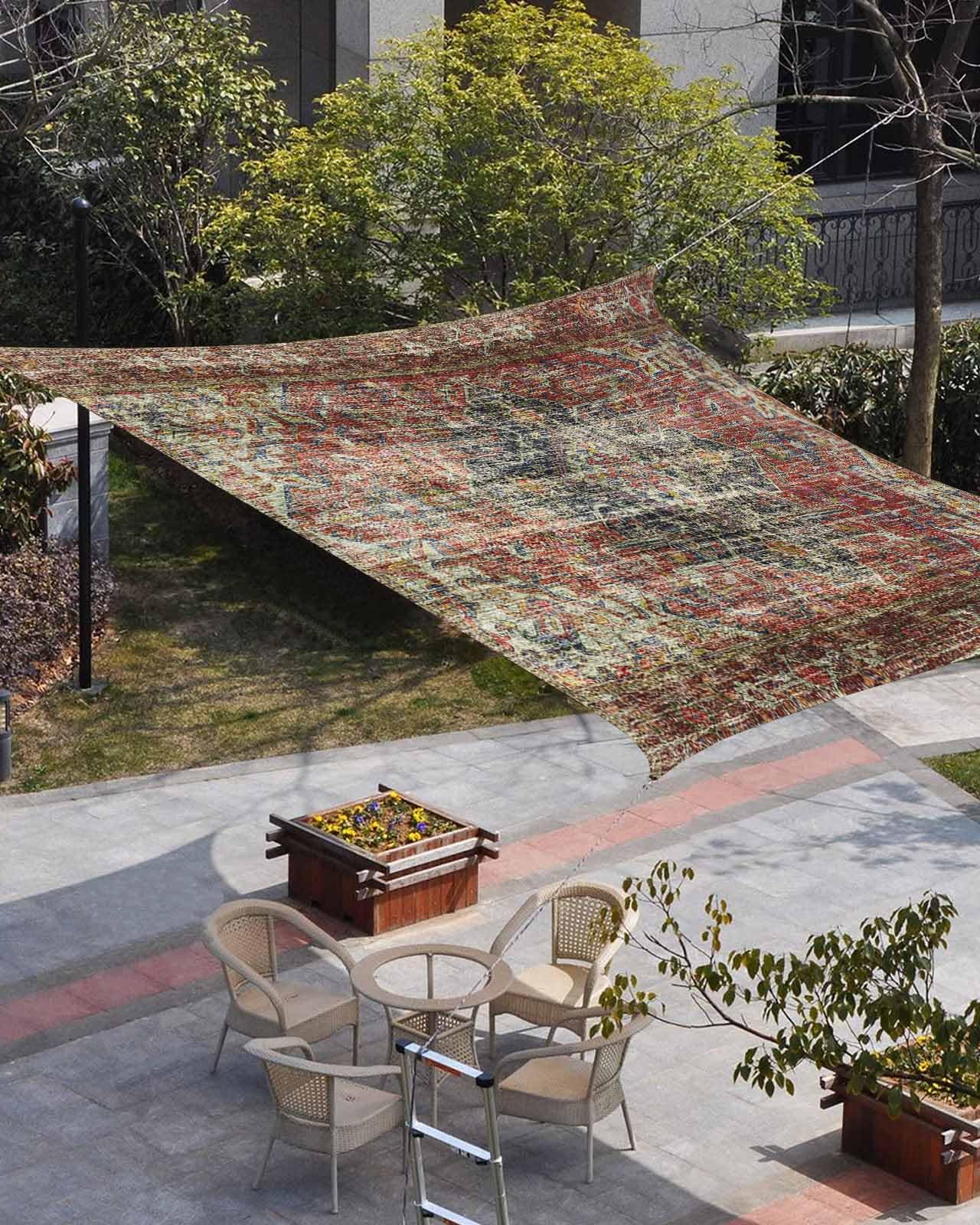 Waterproof Sun Shade Sail Mysterious Retro Totem Flower Printing Art Outdoor Patio Sun Shades Canopy UV Block Water Resistant Sunshade for Garden Backyard Deck Pergola 6.5x10 Ft