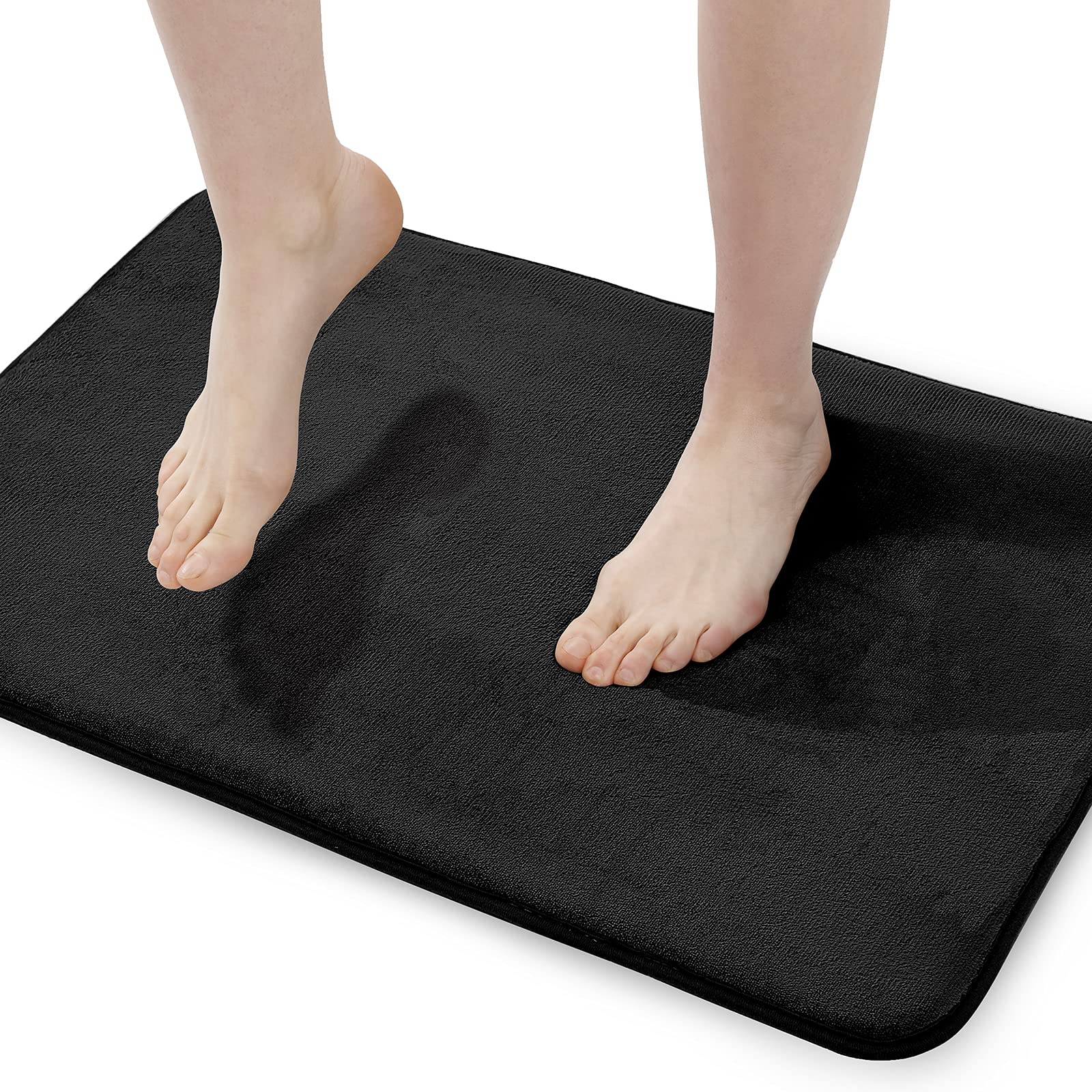 Walensee Extra Thick Memory Foam Bath Rug (17x24 Black) Non Slip Absorbent Super Cozy Velvet Bathroom Mat, Luxury Soft Plush Small Carpet for Bath Room Shower Floor Tub, Machine Wash Dry