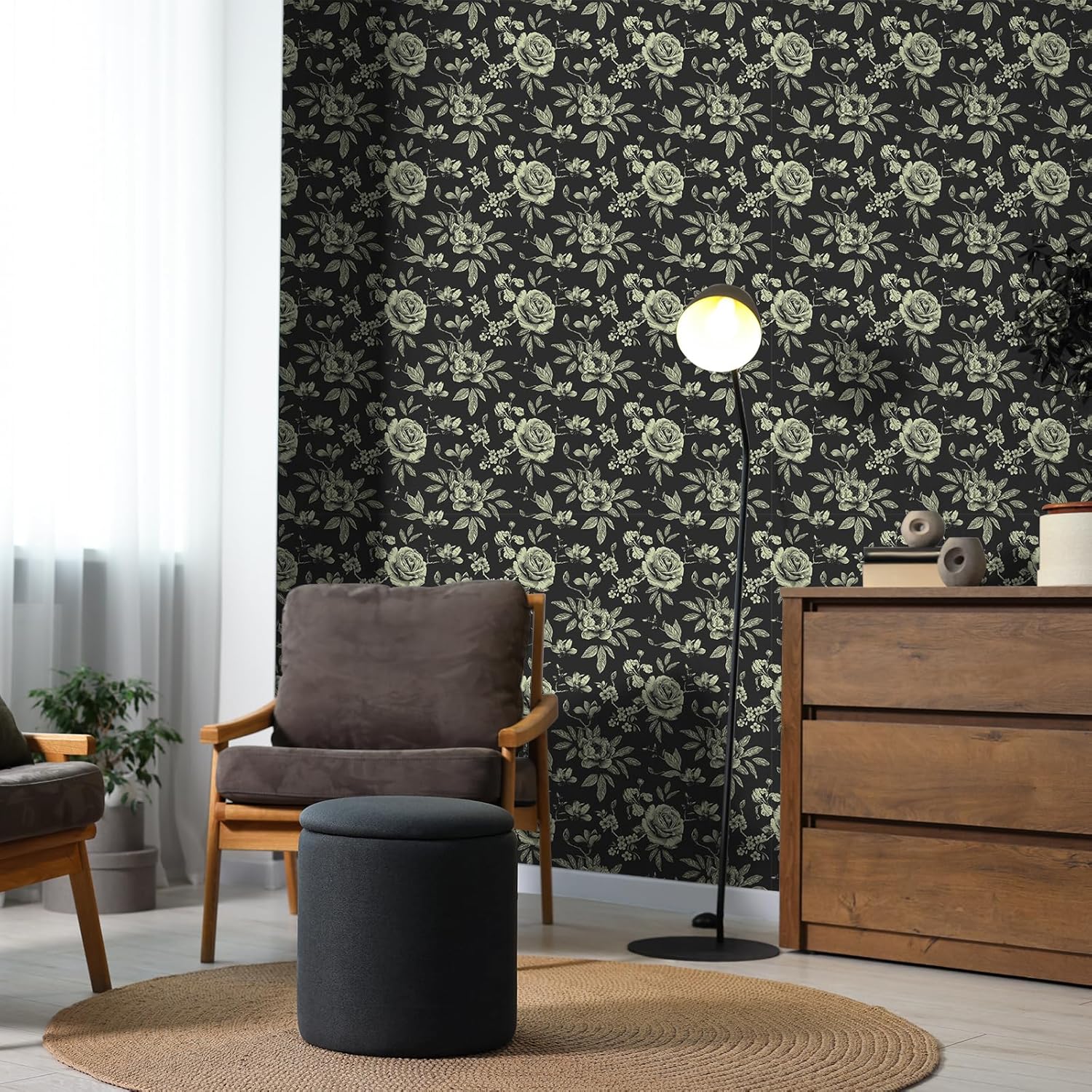 Vintage Black Rose Floral Wallpaper Peel and Stick Antique Moody Dark Flower Wallpaper Prepasted Decorative Floral Contact Paper 12"x118" Sticky Removable Room Wall Covering for Home Decor