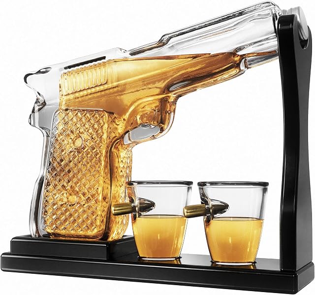 Pistol Gun Whiskey Decanter Bottle with Bullet Shot Glasses. Liquor Decanter Set for Vodka, Scotch, Bourbon