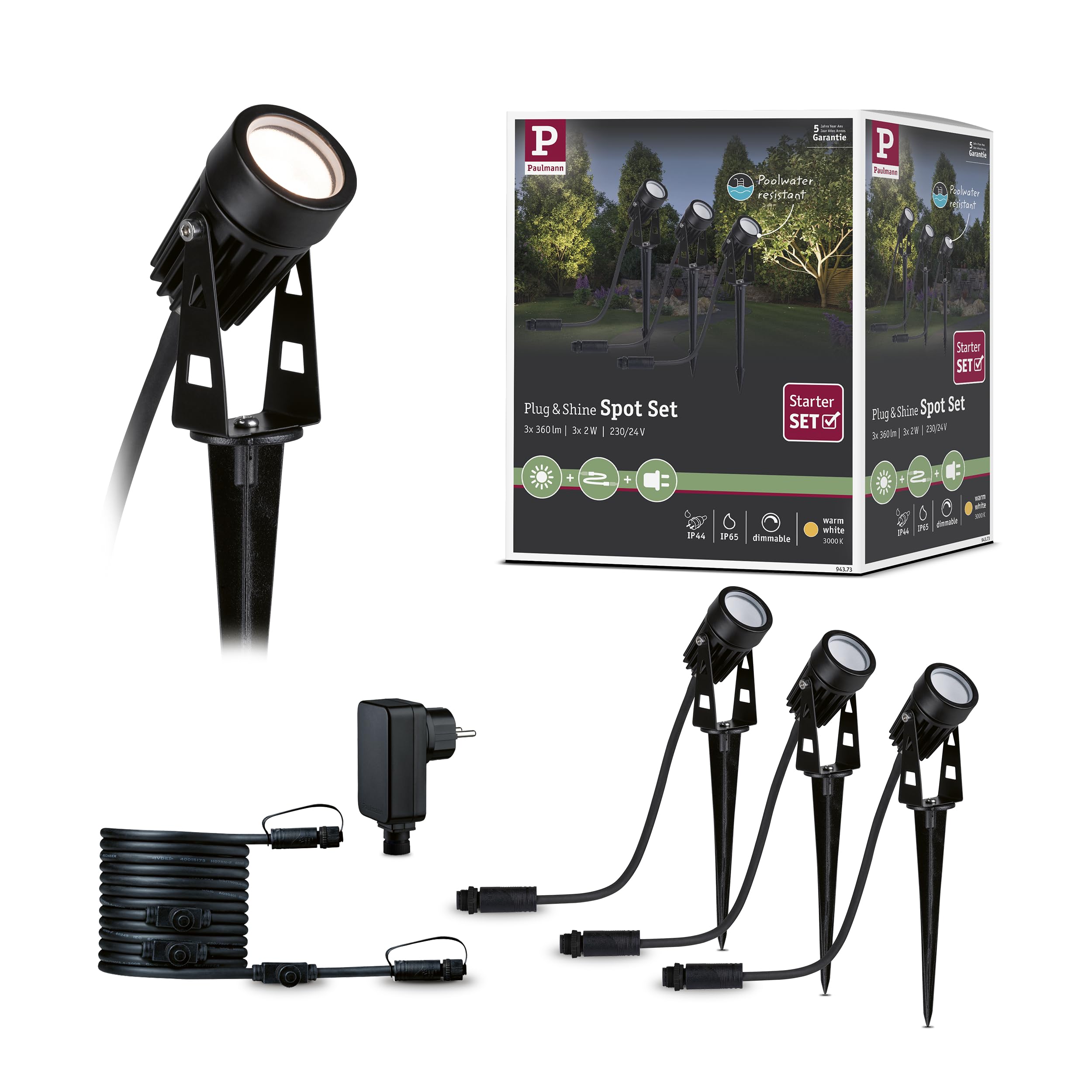 Paulmann 94373 Plug & Shine Projecteur de jardin LED blanc chaud Set de base IP65 3000K 3x3,5W 21VA Noir