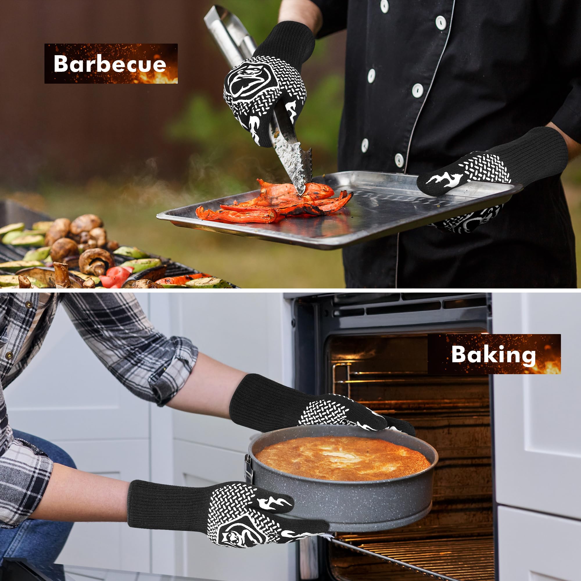 Commercial Chef Guantes de barbacoa resistentes al calor para barbacoa, cocinar, hornear, cortar, guantes antideslizantes para horno de cocina, accesorios de parrilla con revestimiento antideslizante