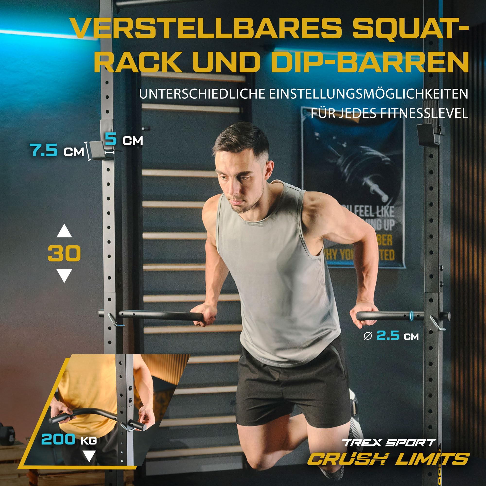 TREX SPORT Power Tower Dip Station freistehend Kraftturm bis 300kg TX-100PR | Multifunktionale Klimmzugstange aus Stahl, mit Langhantelablagen, Schwarz