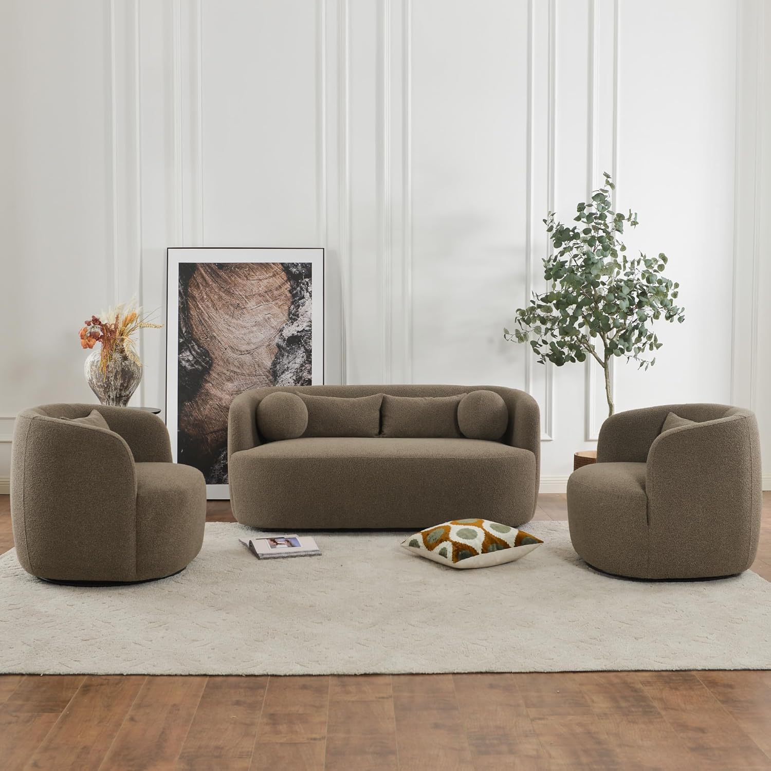 KINWELL 68-Inches Boucle Upholstered Loveseat 2 Deeper Seat Sherpa Sofa Couch with 4 Toss Pillows for Small Spaces Apartment Living Room, Teddy Brown