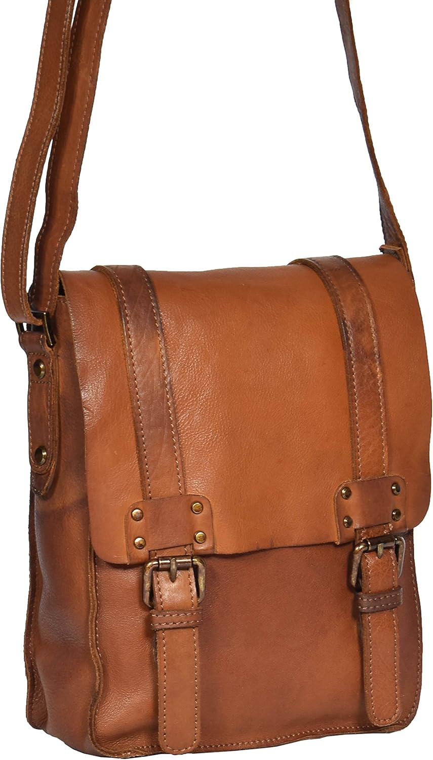 Mens Small Leather Cross Body Organiser Messenger Bag Flap Closure HOL995 Brown