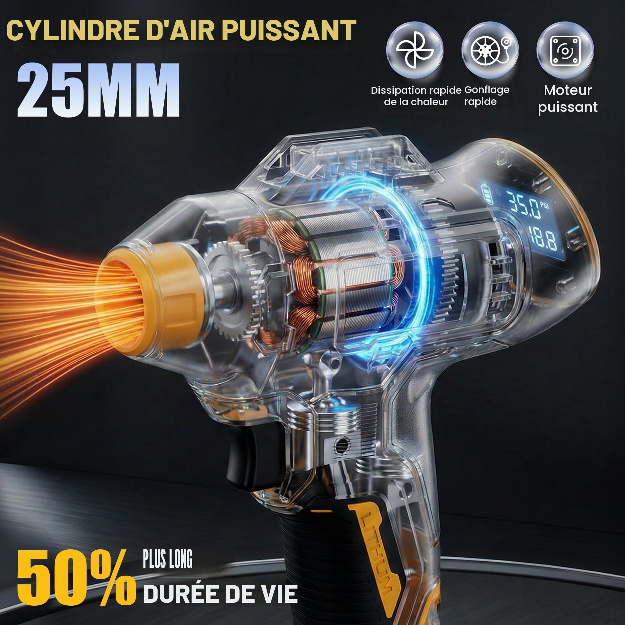 Gonfleur de pneu compatible avec batterie Dewalt 18 V, compresseur d'air sans fil 160 PSI avec manomètre numérique LCD, arrêt automatique, gonflage rapide pour voiture, vélo, ballon de sport