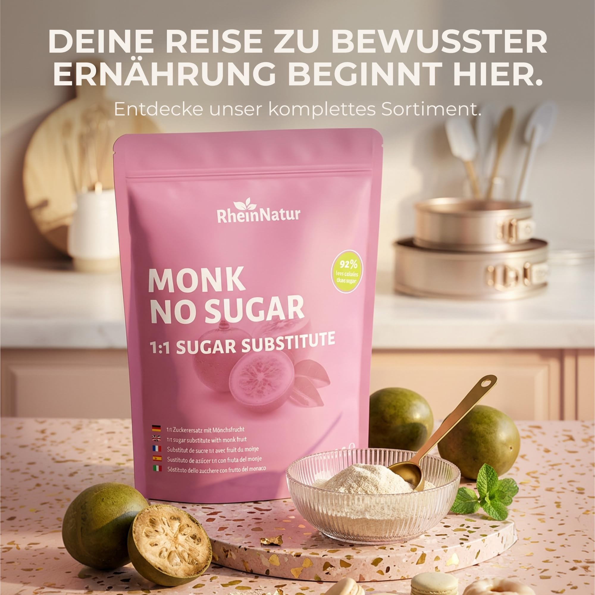 RheinNatur Mönchsfrucht Zuckerersatz 1 kg - 1:1 Ersatz für Zucker aus Mönchsfrucht & Erythrit - Vegan - 1000 g Beutel