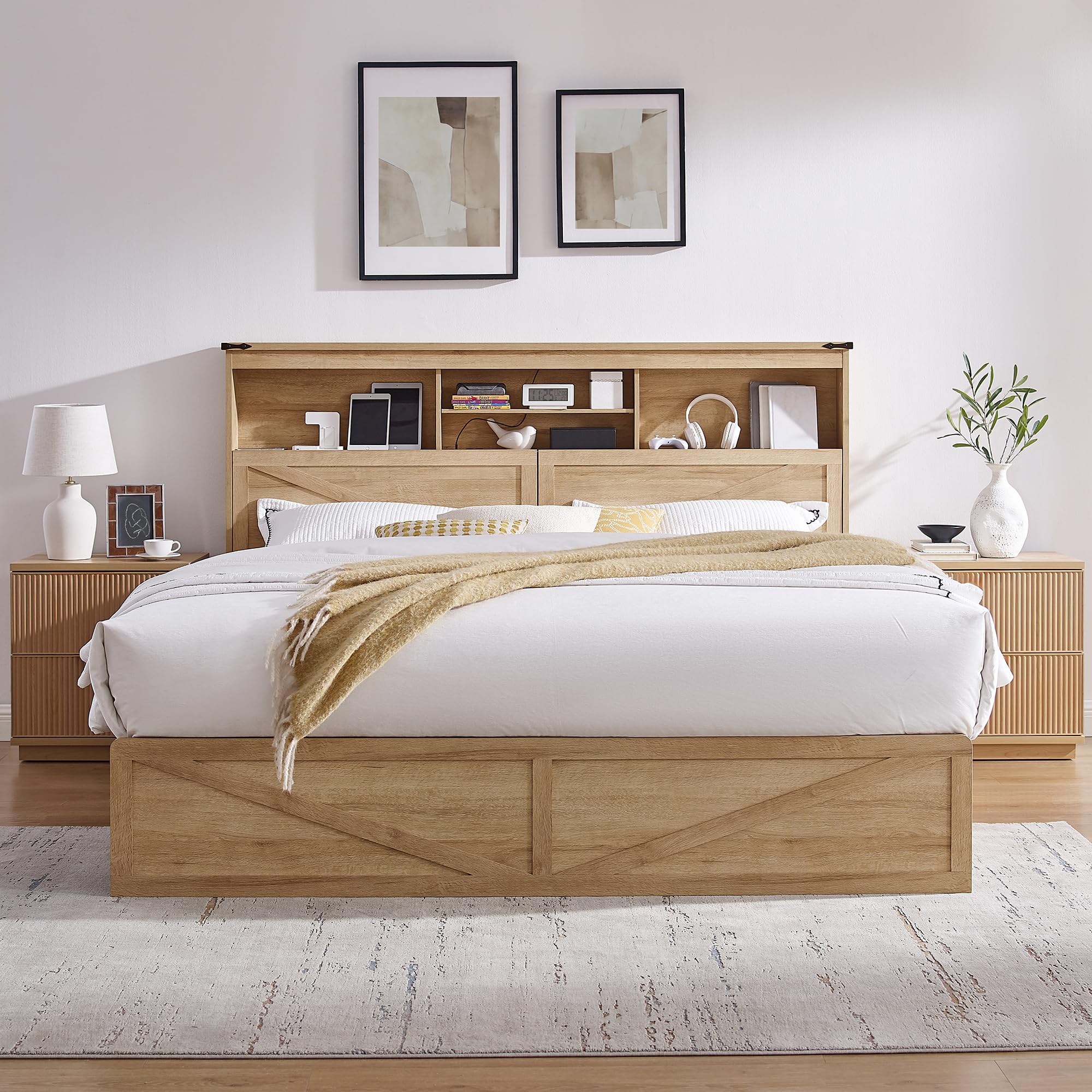 ACCOHOHO King Bed Frame with 52-Inch Headboard and 4 Drawers
