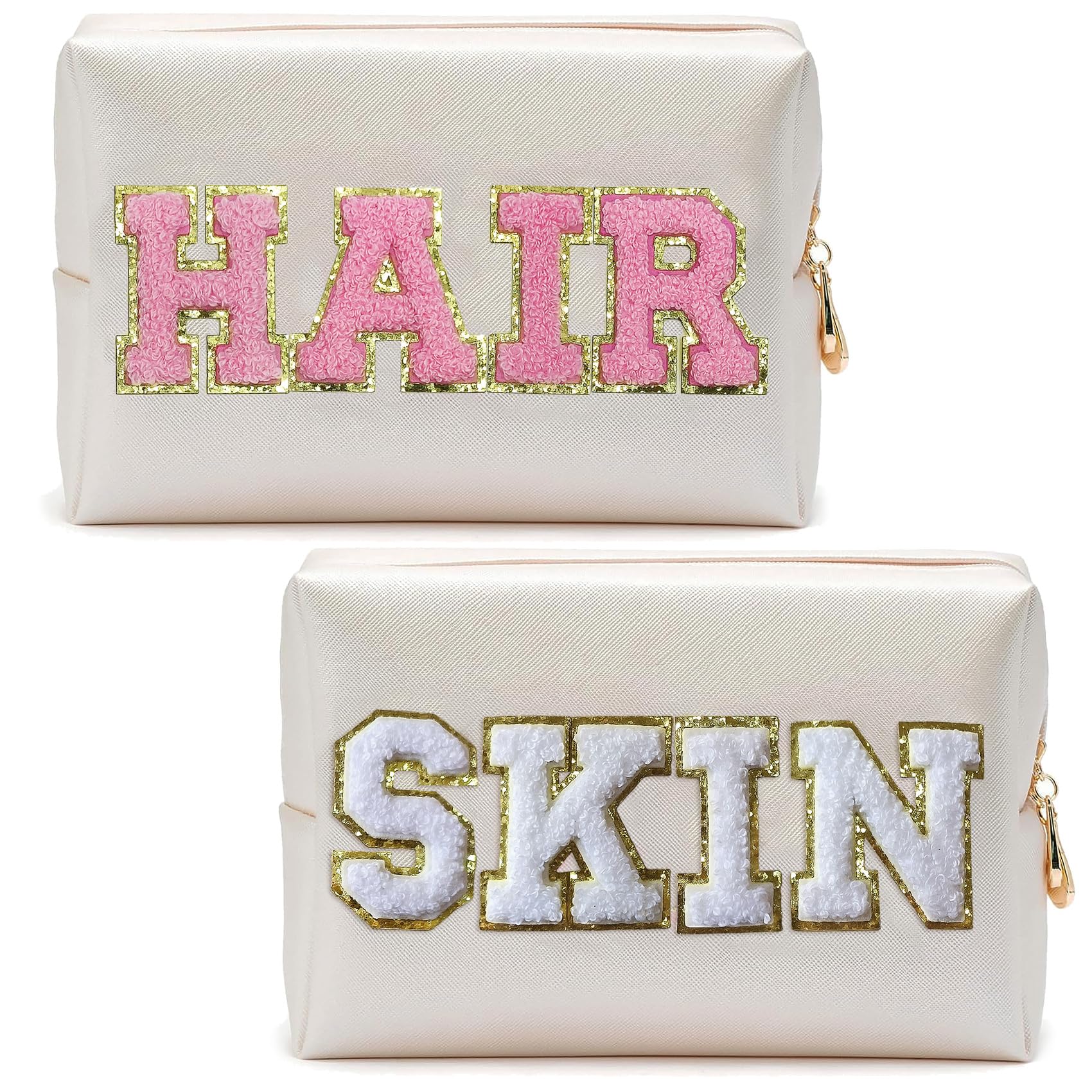 COSHAYSOO2 Pieces Preppy Patch Makeup Bags with 2 Pcs Mirror, Chenille Letter Cosmetic Pouch Gifts for Teens Girls Women, Cute Aesthetic Trendy Travel Make Up Stuff Organizer (HAIR SKIN),