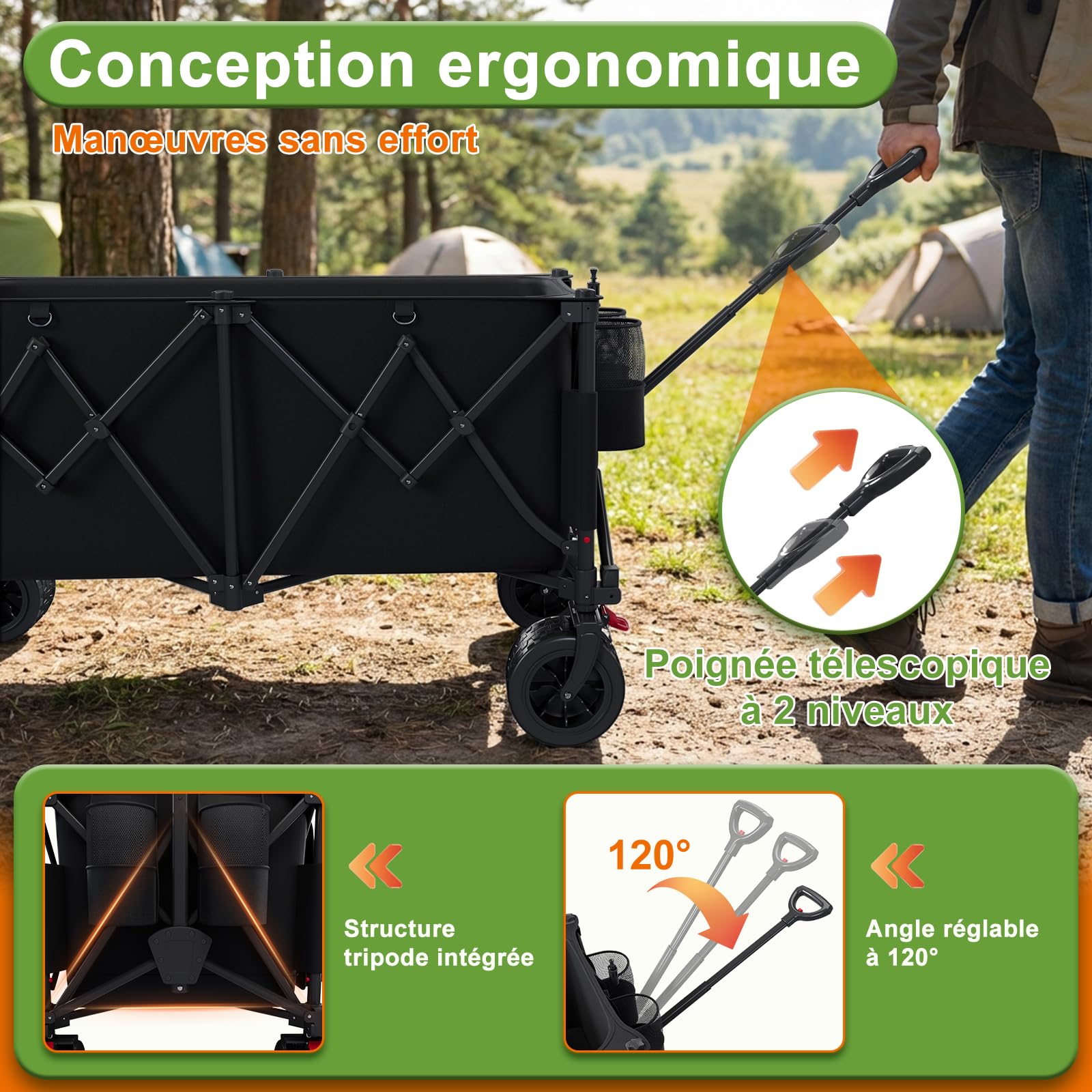Devoko 260L Chariot de Plage Maximum 200KG Chariot de Jardin,Diable Pliant avec Freins,Chariot Pliable Poignée Réglable,Brouette Jardin,Chariots à la Plage Chariots de Transport pour Le Camping Noir