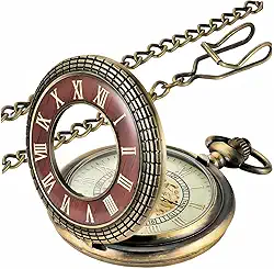 Relógio de bolso vintage de quartzo em escala de algarismos romanos, design oco de madeira com corrente para presente de Natal e Dia dos Pais