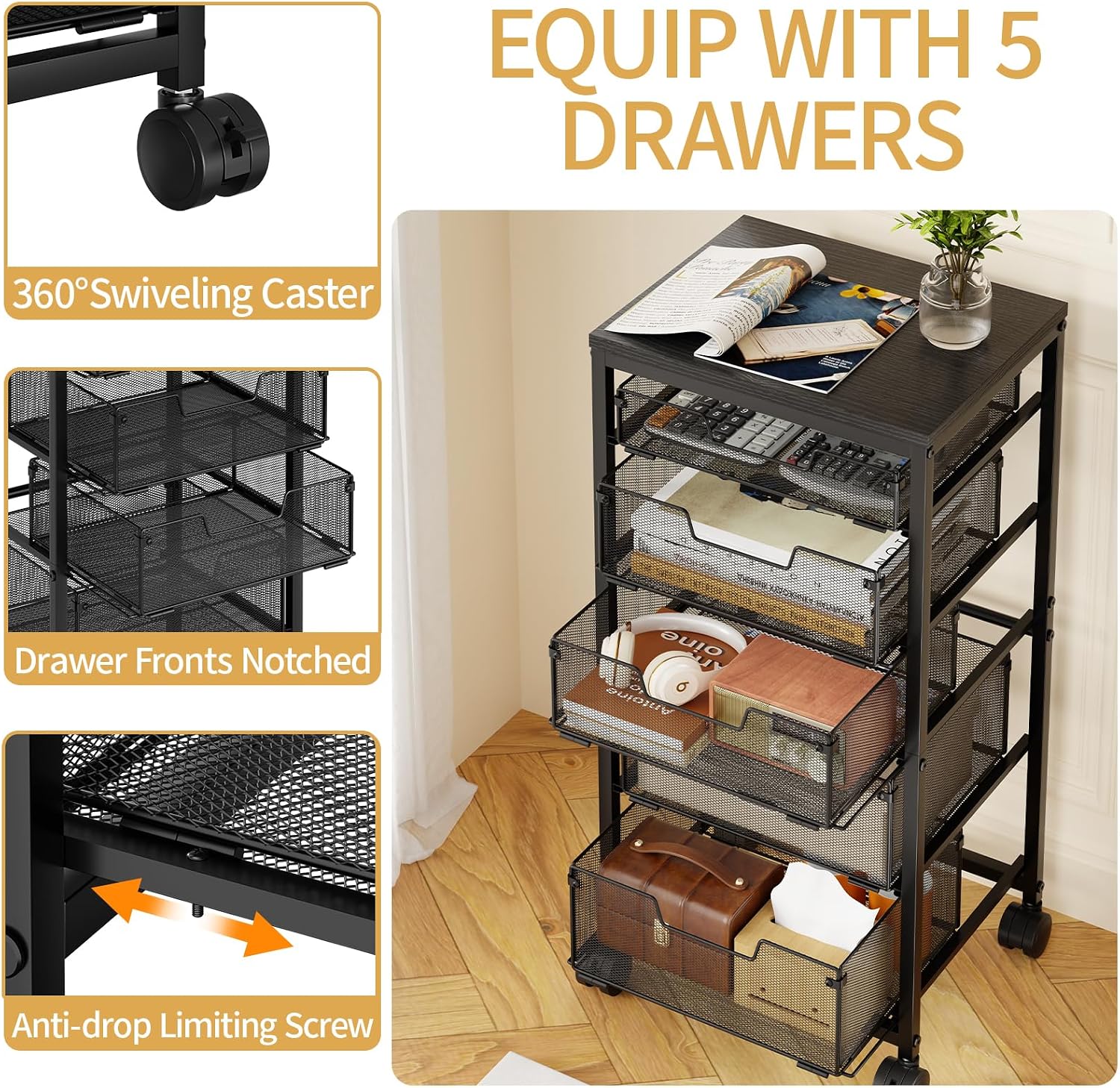 Sbanmao 5 Drawers Rolling Utility Cart, Rolling Storage Cart with Wooden Tabletop and Lockable Wheels, Storage Drawer Cart with Drawers, Craft Cart for Bedroom, Classroom, Home, Office,Black