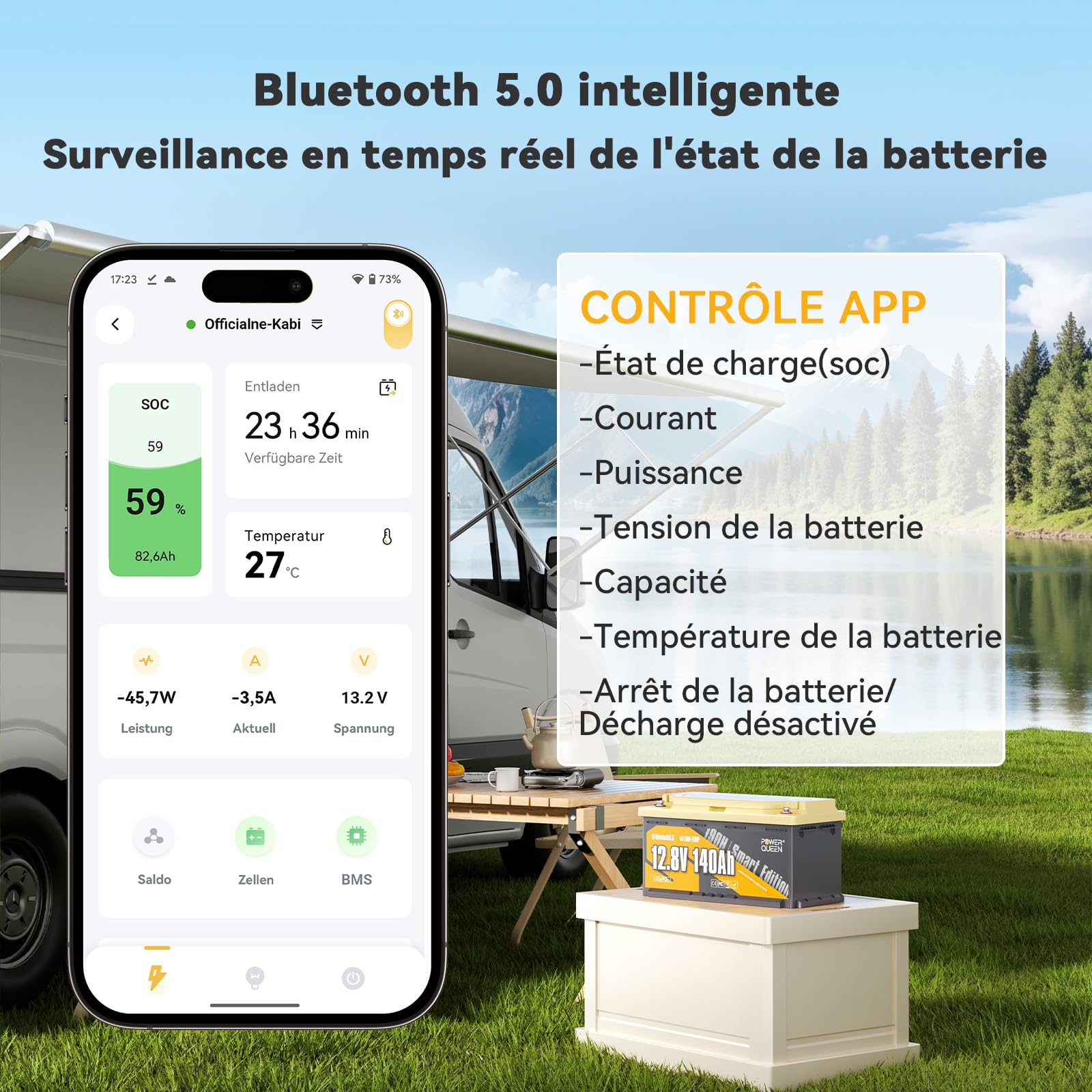 Power Queen 12V 140Ah H190 Bluetooth Batterie Lithium et Chargeur 14,6V 20A, Construit dans 150A BMS pour Camping - Car, Caravane, Moteur de Pêche à la Traîne, Stockage D'énergie à la Maison