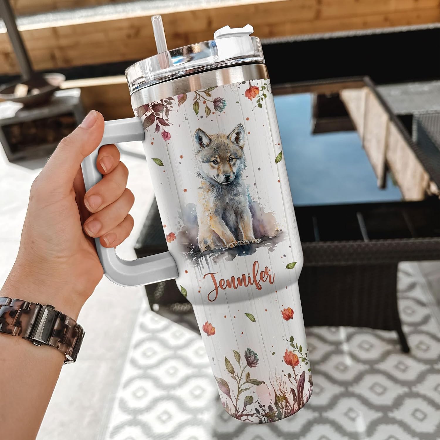 Hyturtle Personalized Gifts For Wolf Lover Tumbler 40oz with Handle and Straw - Stainless Steel Travel Coffee Cup With Lid - Cute Animal Lover Gifts For Women, Girl On Birthday Christmas