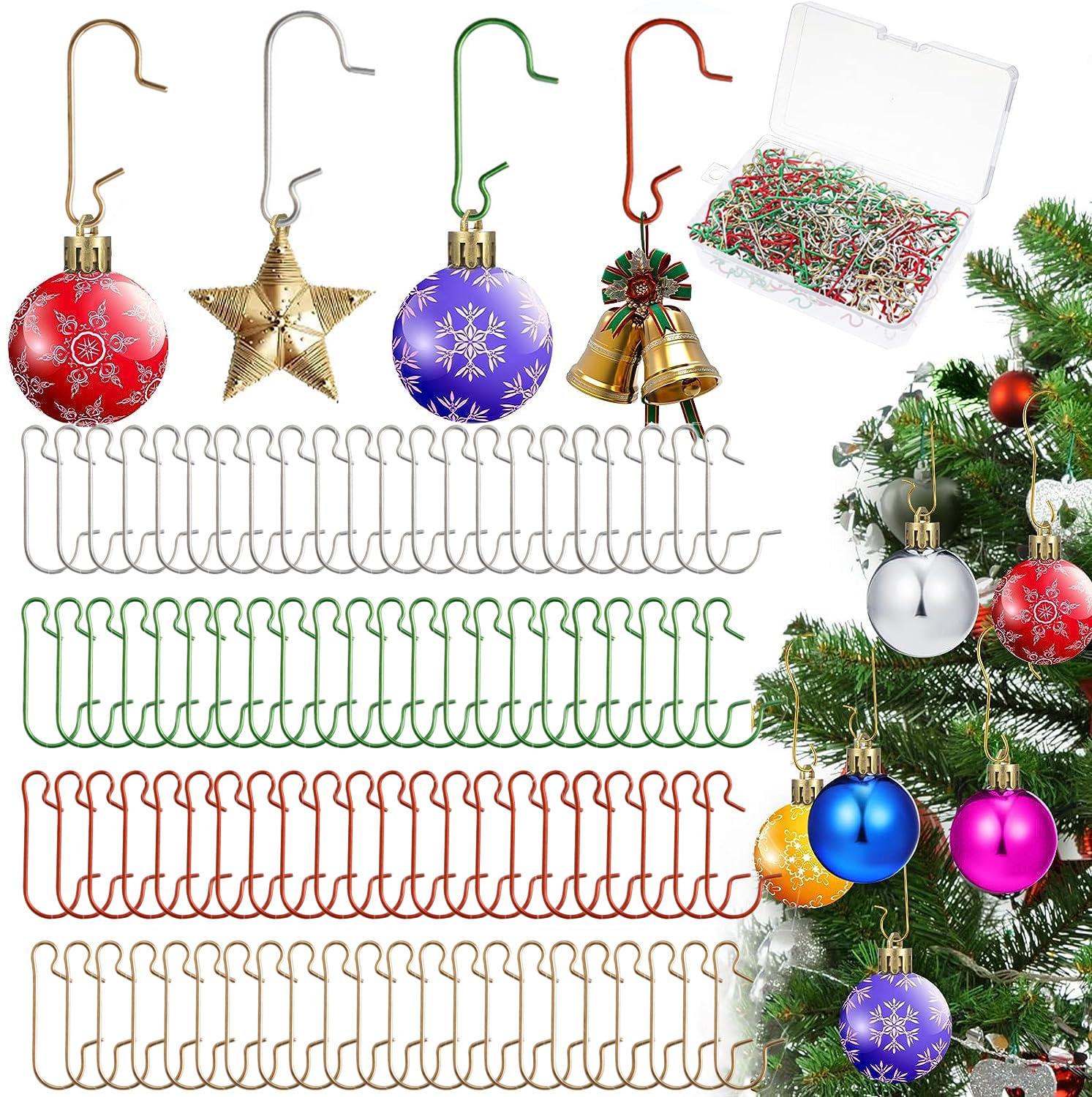 HELEE Christmas Ornament Hooks, Bulk 3 cm Metal Xmas Tree Ornament Hangers, C Shaped Ornament Hooks with Storage Box for Christmas Tree Ornaments Hanging Decorations,200PCS