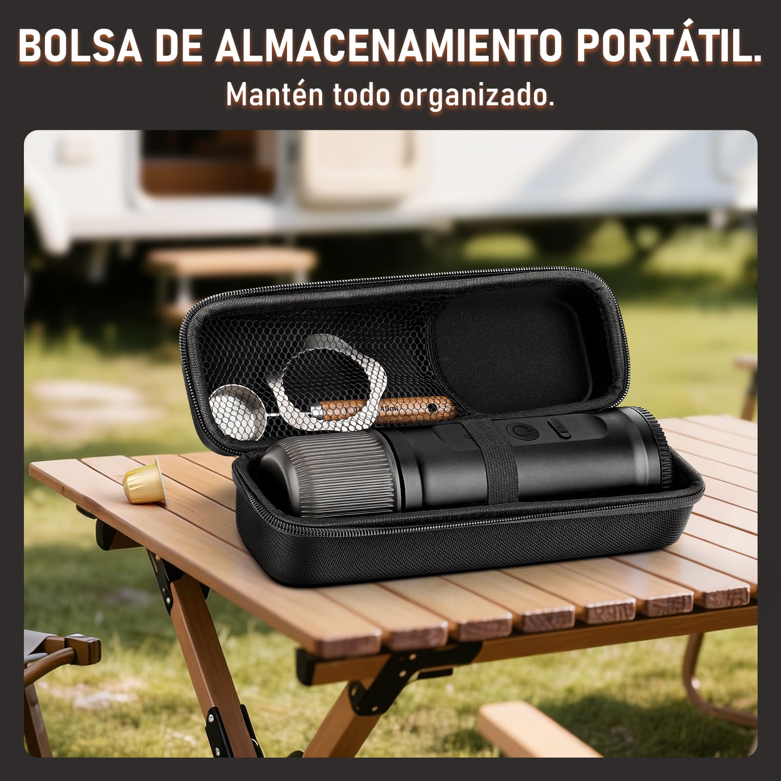 ICARE Cafetera Portatil, Compatible con Cápsulas NS y Café Molido, Calefacción Integrada, Carga Rápida USB-C, Indicador de Batería, Ideal para Acampadas, Senderismo, Viajes y Autocaravanas (Negro)