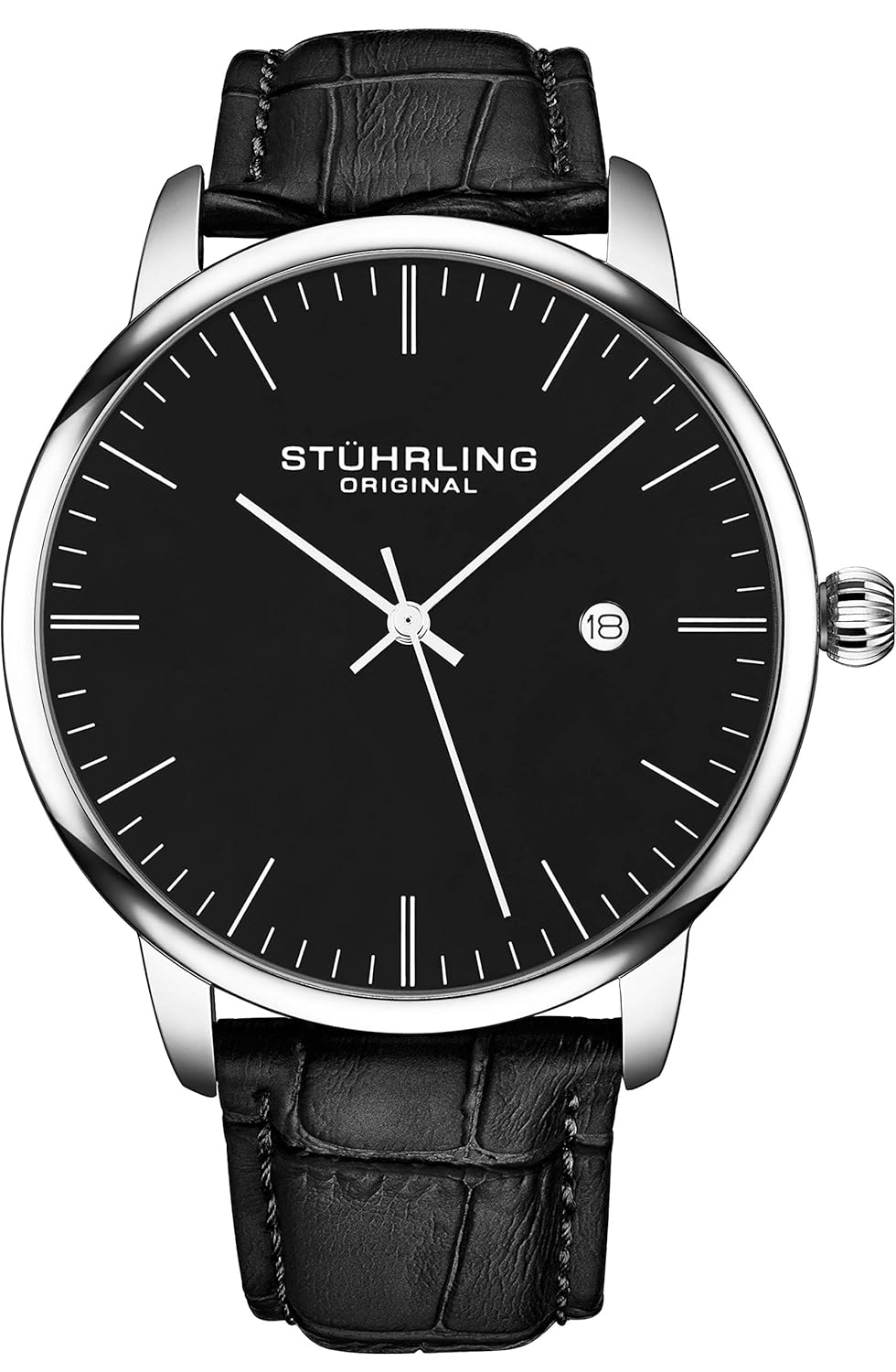 Stuhrling Original Relógio masculino preto com pulseira de couro de bezerro, clássico, relógio de pulso minimalista, mostrador analógico com data, relógio preto masculino