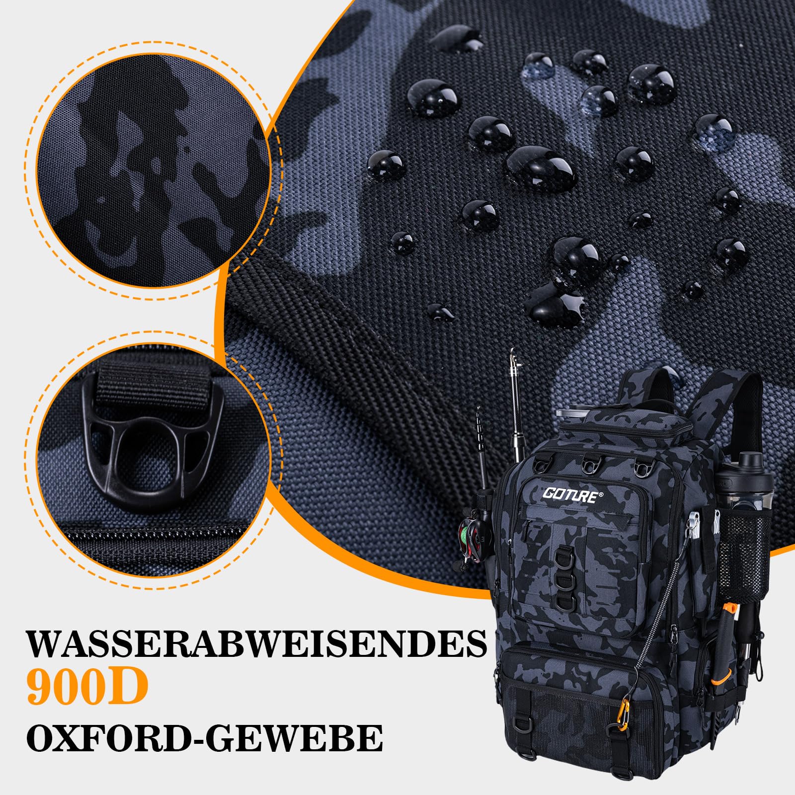 Goture Angelrucksack mit Kühltasche, 40-Liter Angelzubehör-Rucksack mit Zwei Rutenhaltern, 900D Oxford-Gewebe Wasserabweisende Angelgerätetasche mit verstellbarem Fach