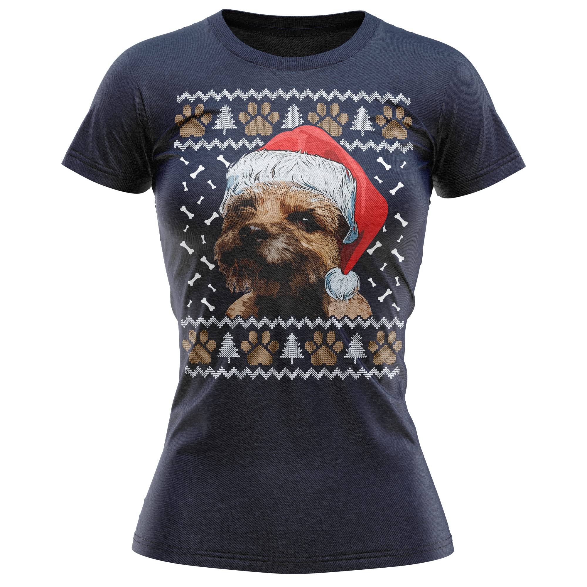 Christmas Border Terrier T Shirt Womens Gifts for Dog Owner Autumn Winter Puppy Walks Tee for Her, S, Navy